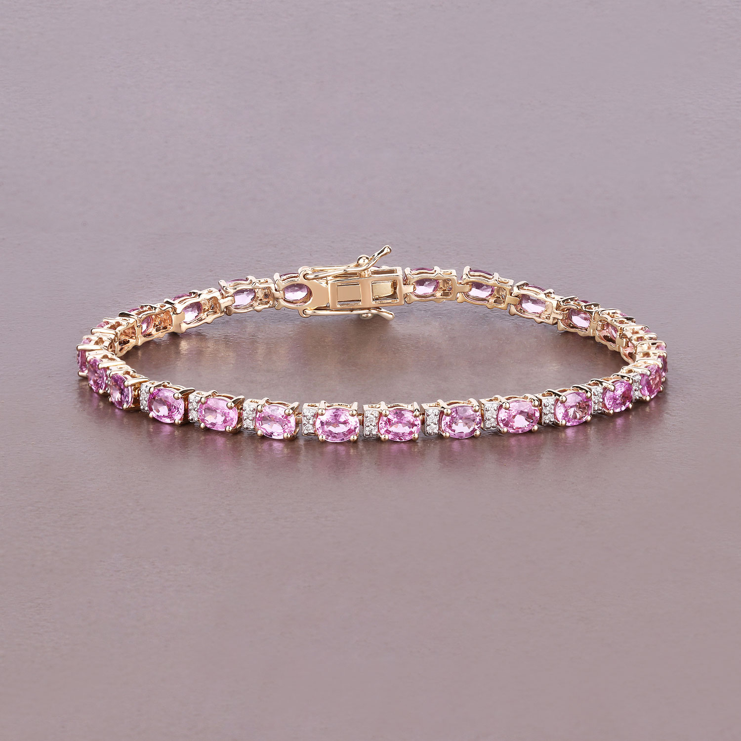 9.08 Carat Genuine Pink Sapphire and White Diamond 14K Yellow Gold Bracelet