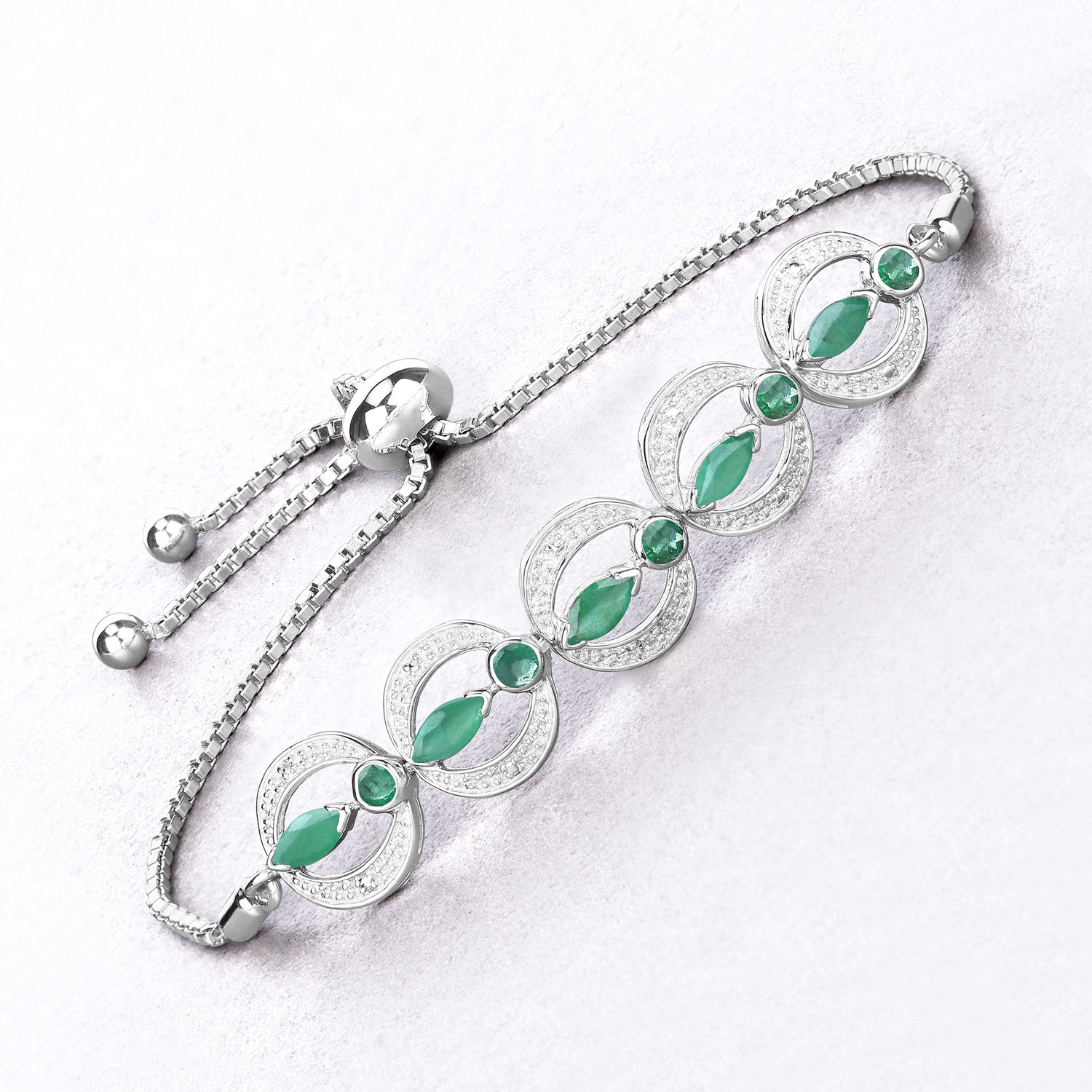 1.55 Carat Genuine Emerald and White Diamond .925 Sterling Silver Bracelet