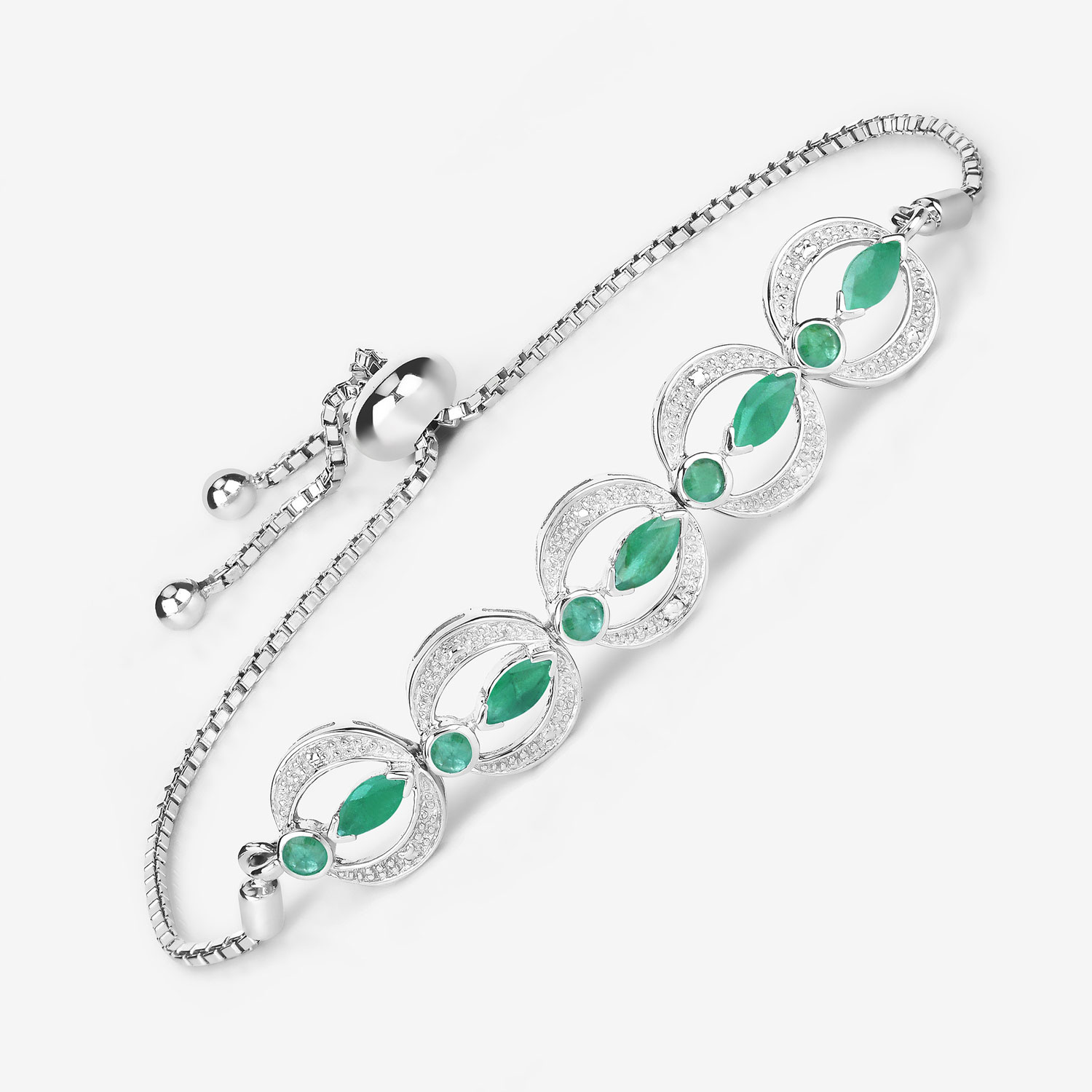 1.55 Carat Genuine Emerald and White Diamond .925 Sterling Silver Bracelet