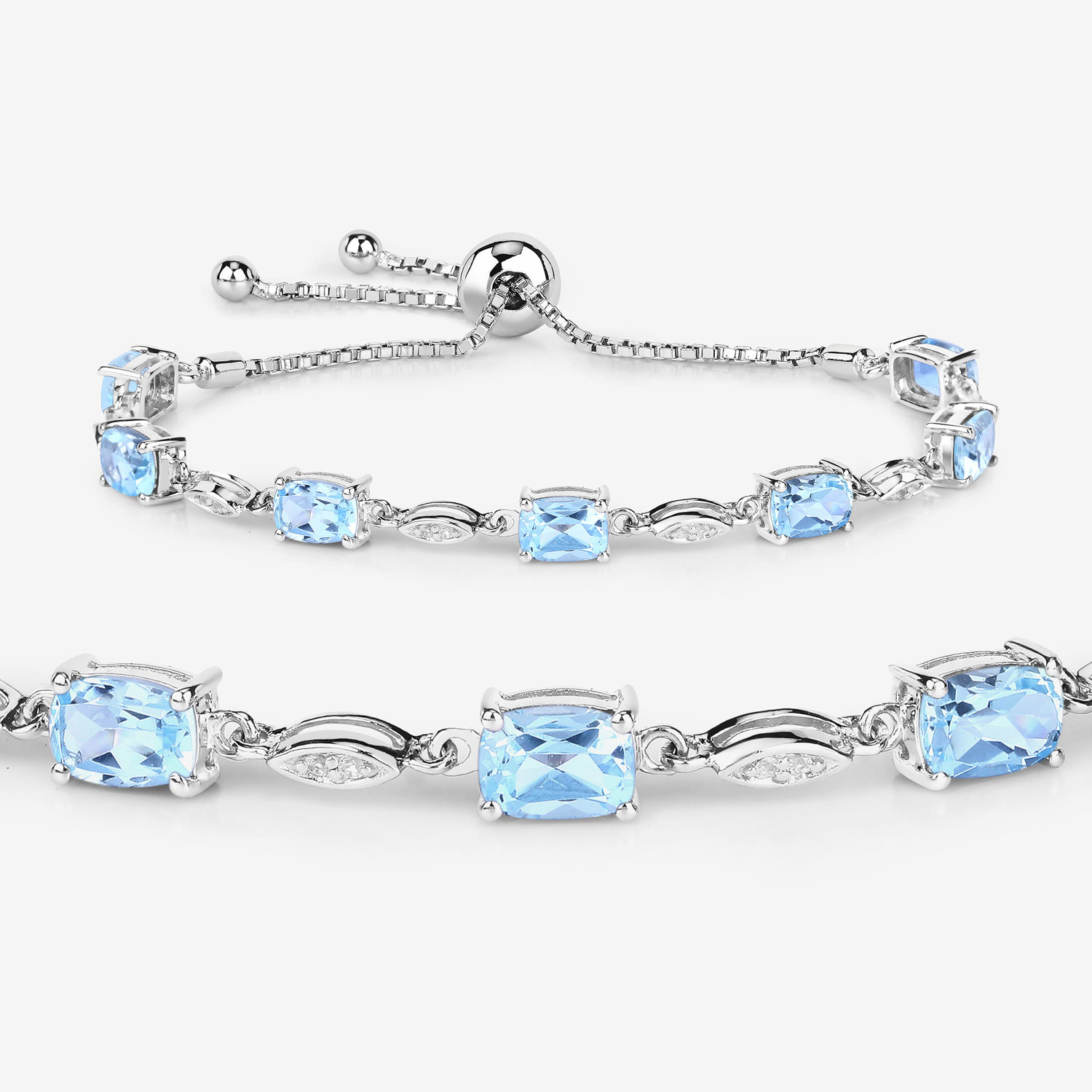 7.12 Carat Genuine Blue Topaz and White Topaz .925 Sterling Silver Bracelet