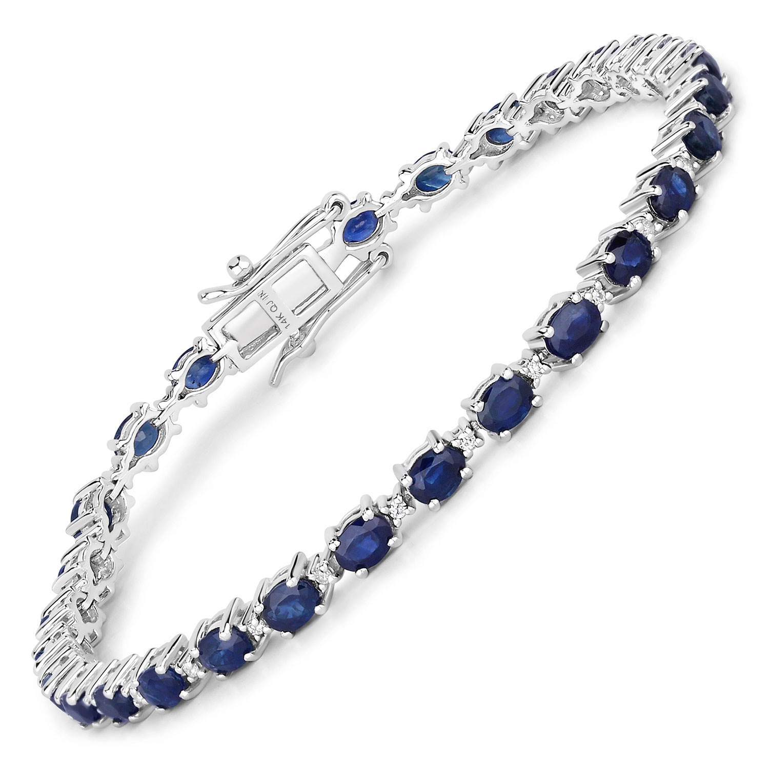 6.03 Carat Genuine Blue Sapphire and White Diamond 14K White Gold Bracelet
