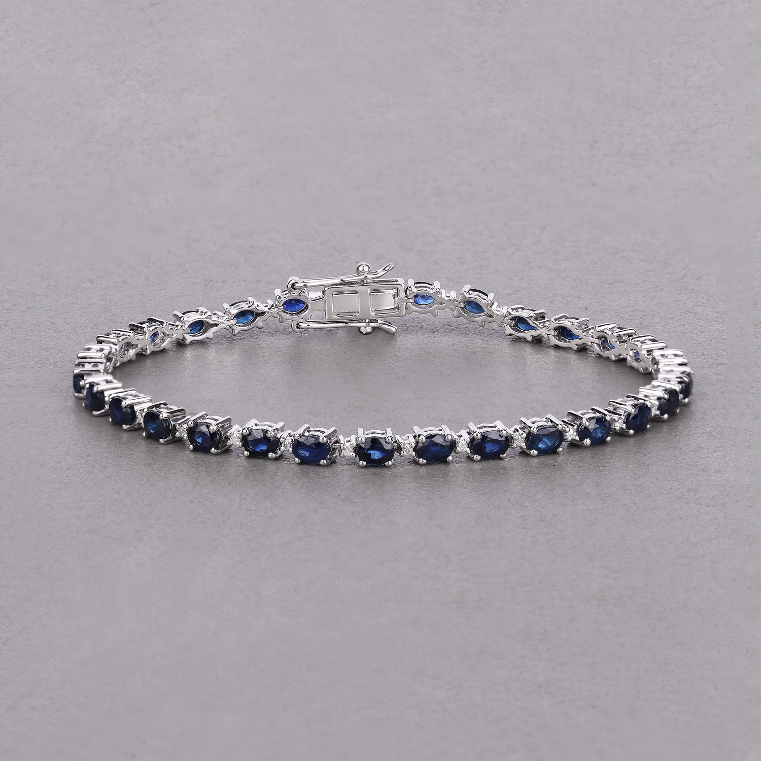 6.03 Carat Genuine Blue Sapphire and White Diamond 14K White Gold Bracelet