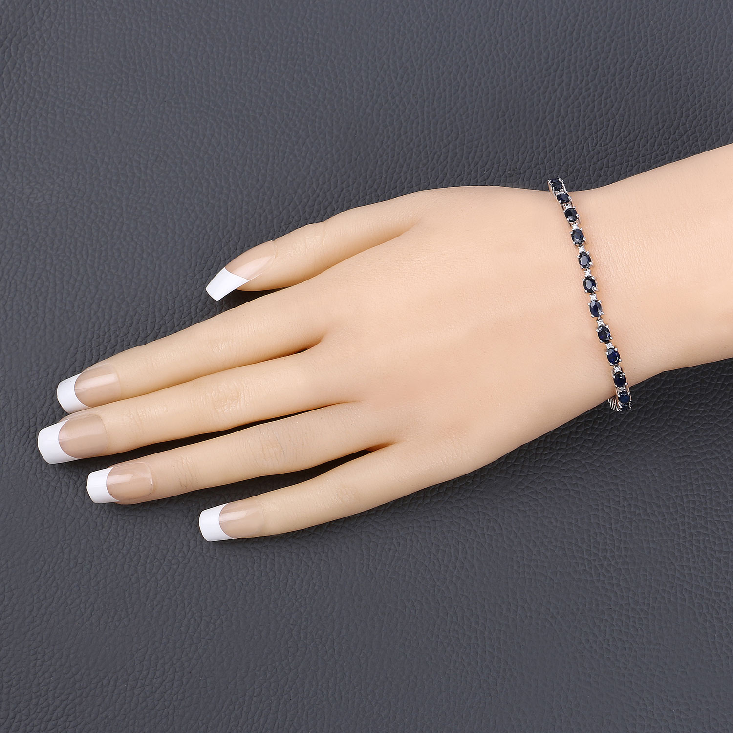 6.03 Carat Genuine Blue Sapphire and White Diamond 14K White Gold Bracelet