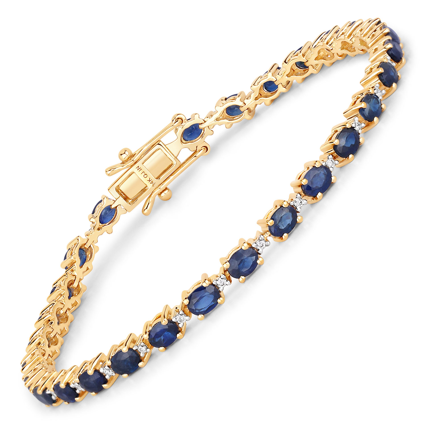 6.03 Carat Genuine Blue Sapphire and White Diamond 14K Yellow Gold Bracelet