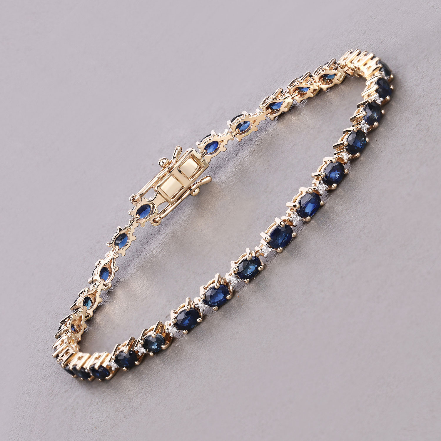 6.03 Carat Genuine Blue Sapphire and White Diamond 14K Yellow Gold Bracelet