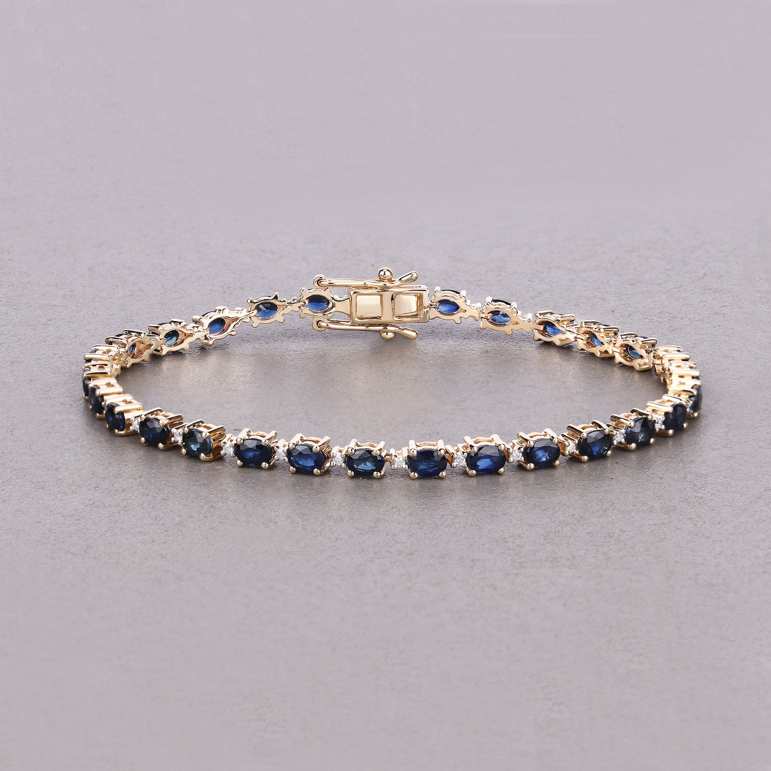 6.03 Carat Genuine Blue Sapphire and White Diamond 14K Yellow Gold Bracelet