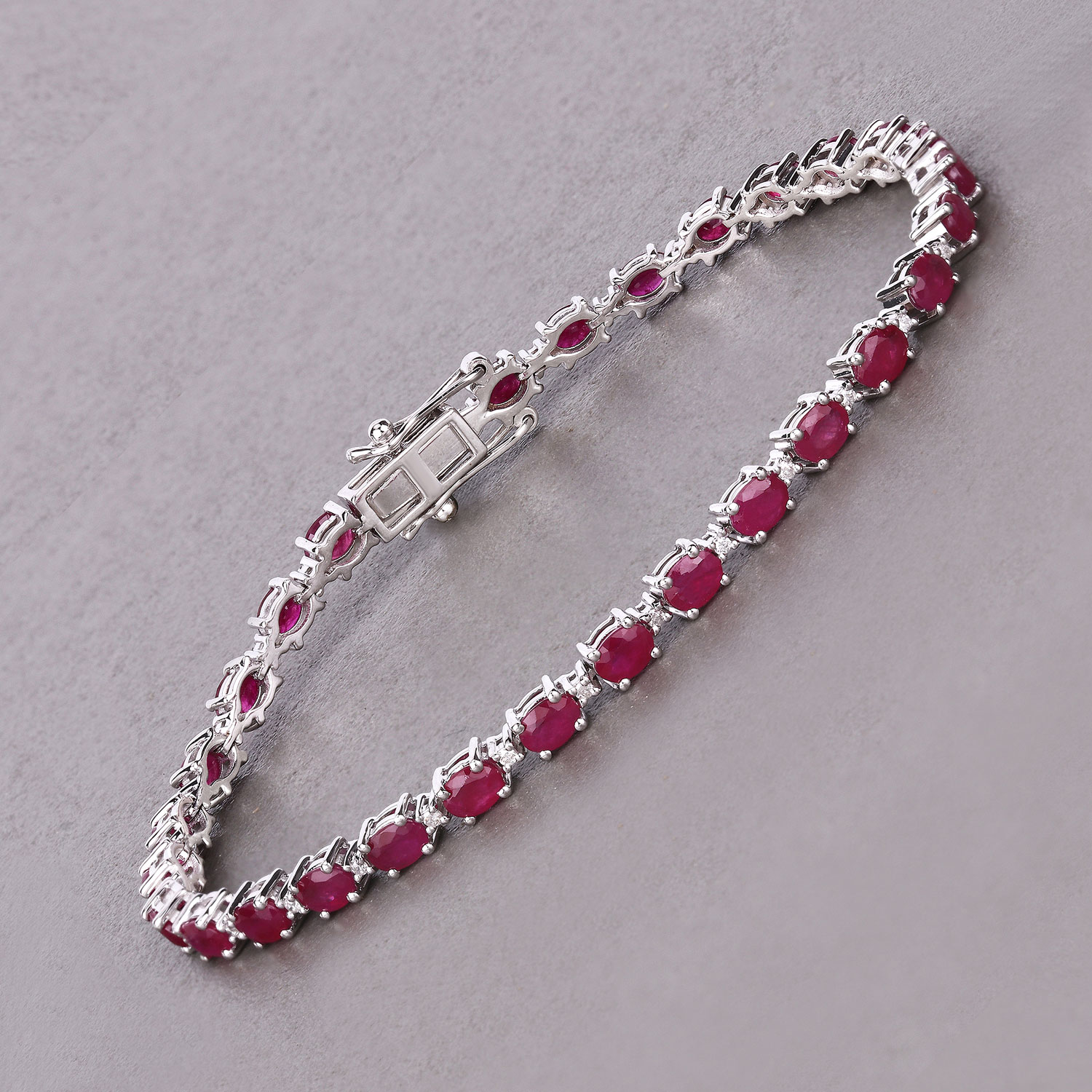 6.61 Carat Genuine Mozambique Ruby and White Diamond 14K White Gold Bracelet