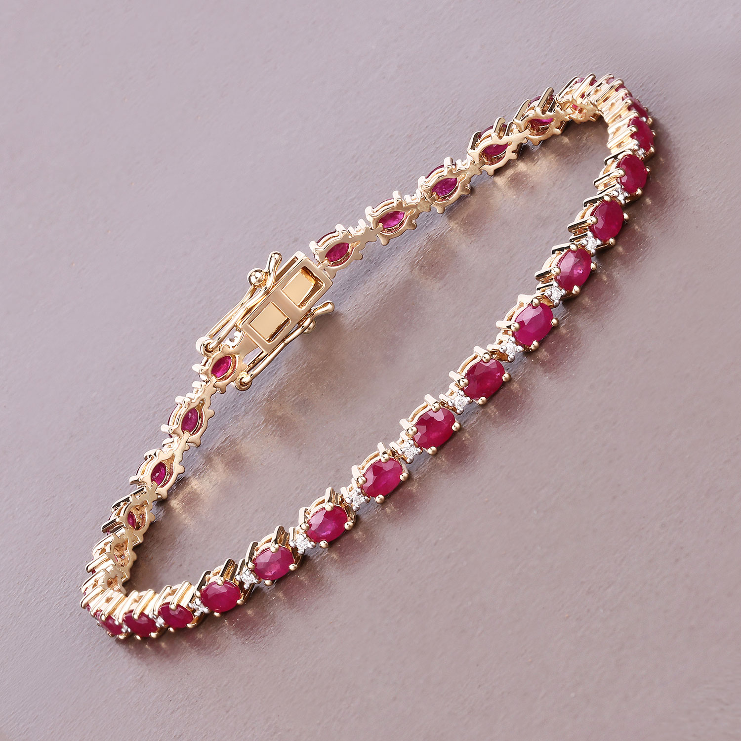 6.61 Carat Genuine Mozambique Ruby and White Diamond 14K Yellow Gold Bracelet