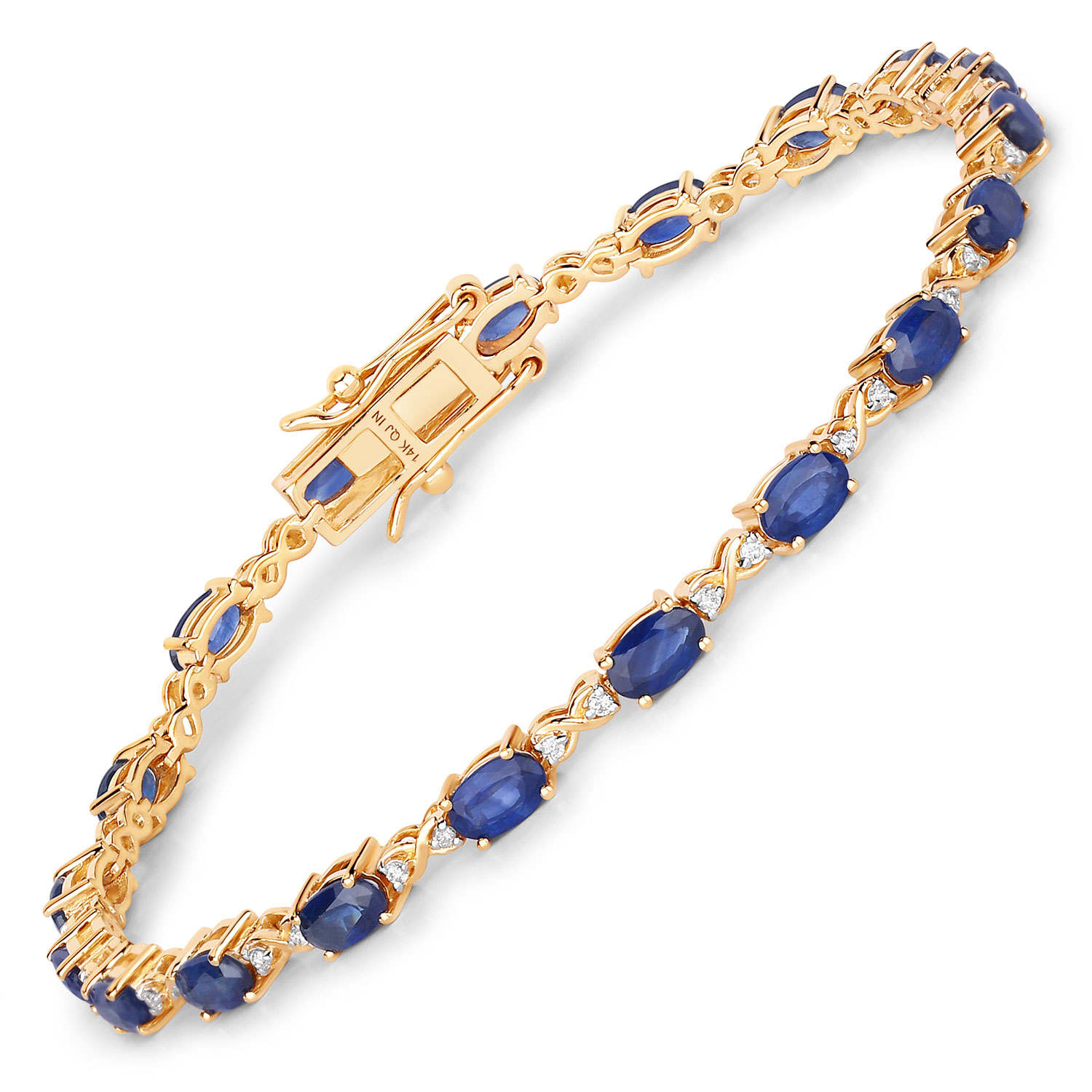 4.43 Carat Genuine Blue Sapphire and White Diamond 14K Yellow Gold Bracelet