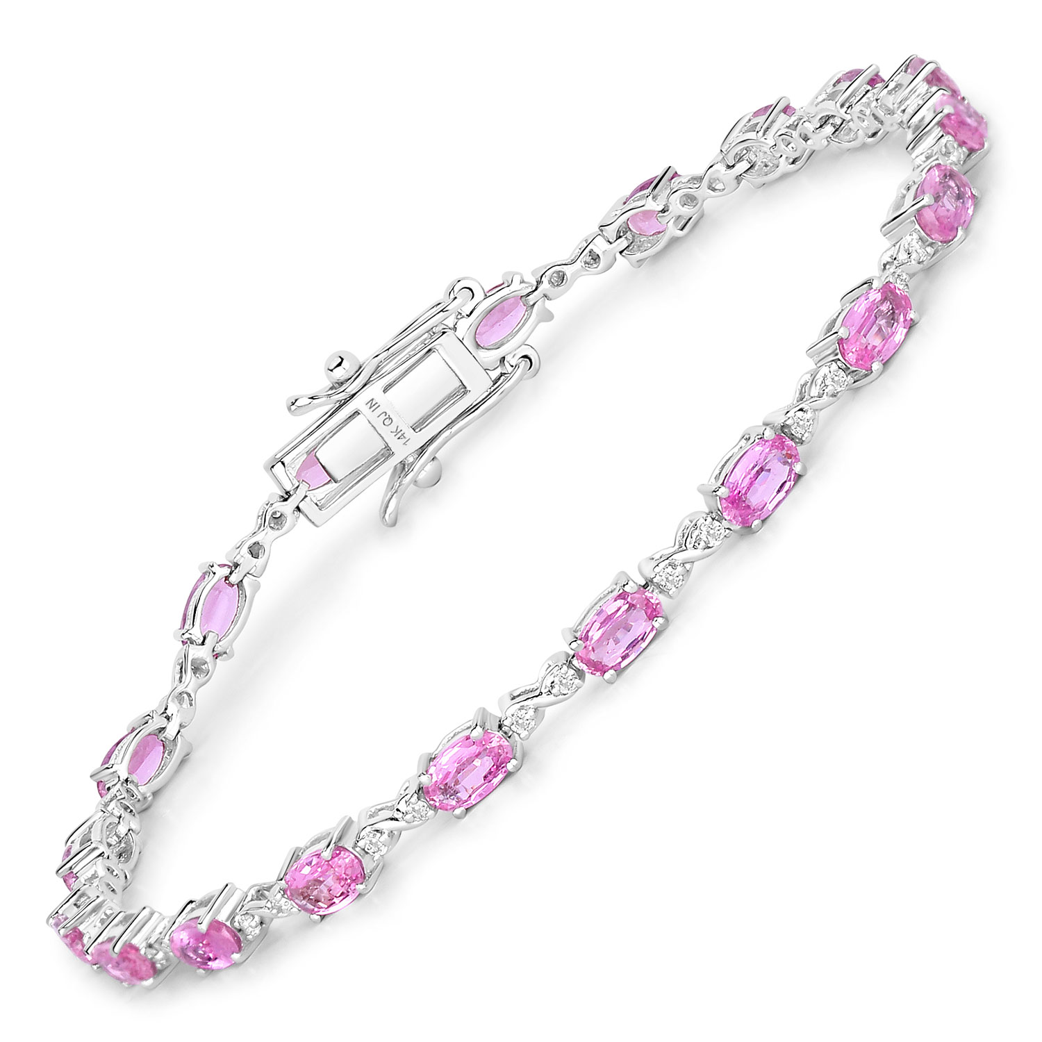 4.43 Carat Genuine Pink Sapphire and White Diamond 14K White Gold Bracelet
