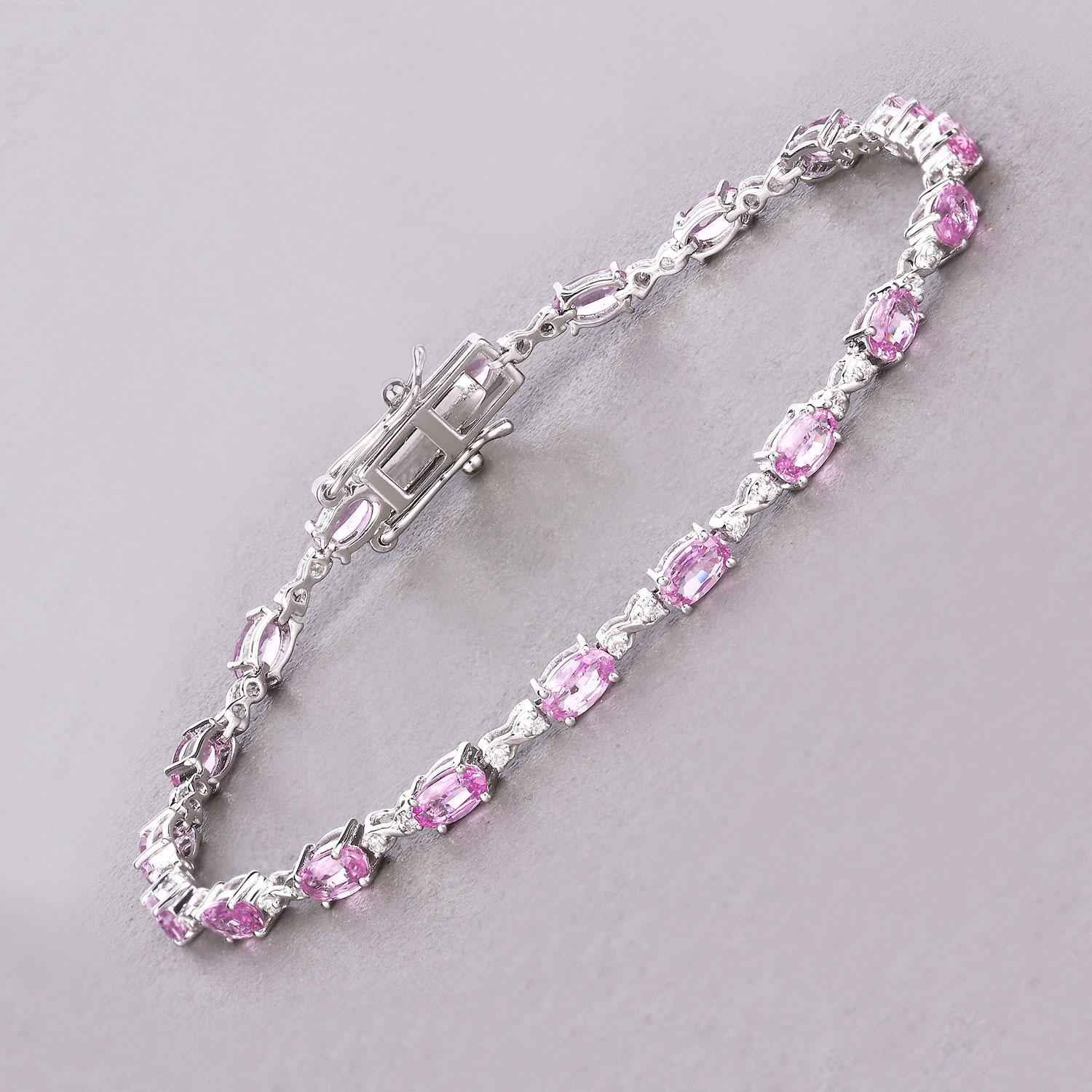 4.43 Carat Genuine Pink Sapphire and White Diamond 14K White Gold Bracelet