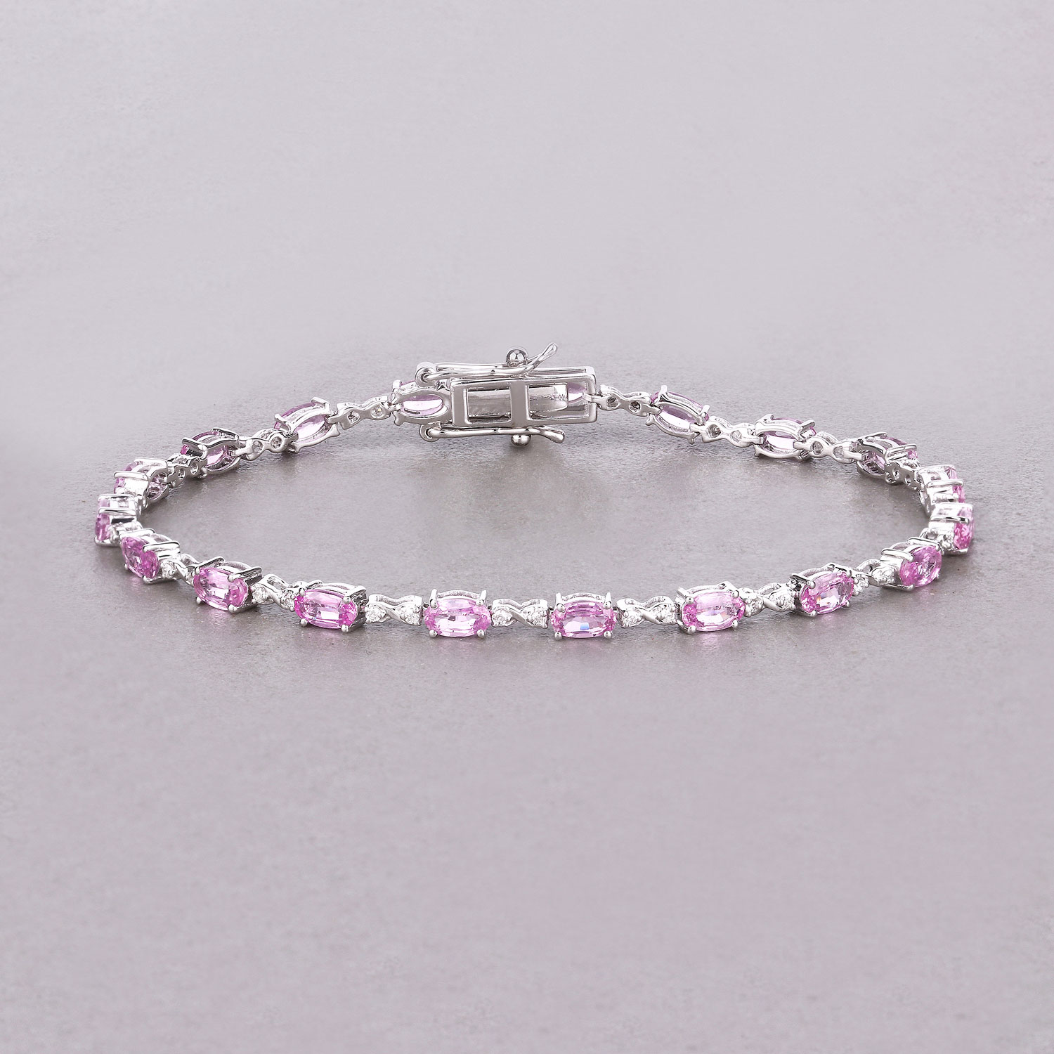 4.43 Carat Genuine Pink Sapphire and White Diamond 14K White Gold Bracelet