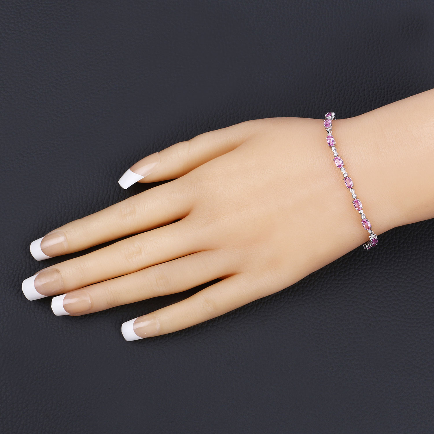 4.43 Carat Genuine Pink Sapphire and White Diamond 14K White Gold Bracelet