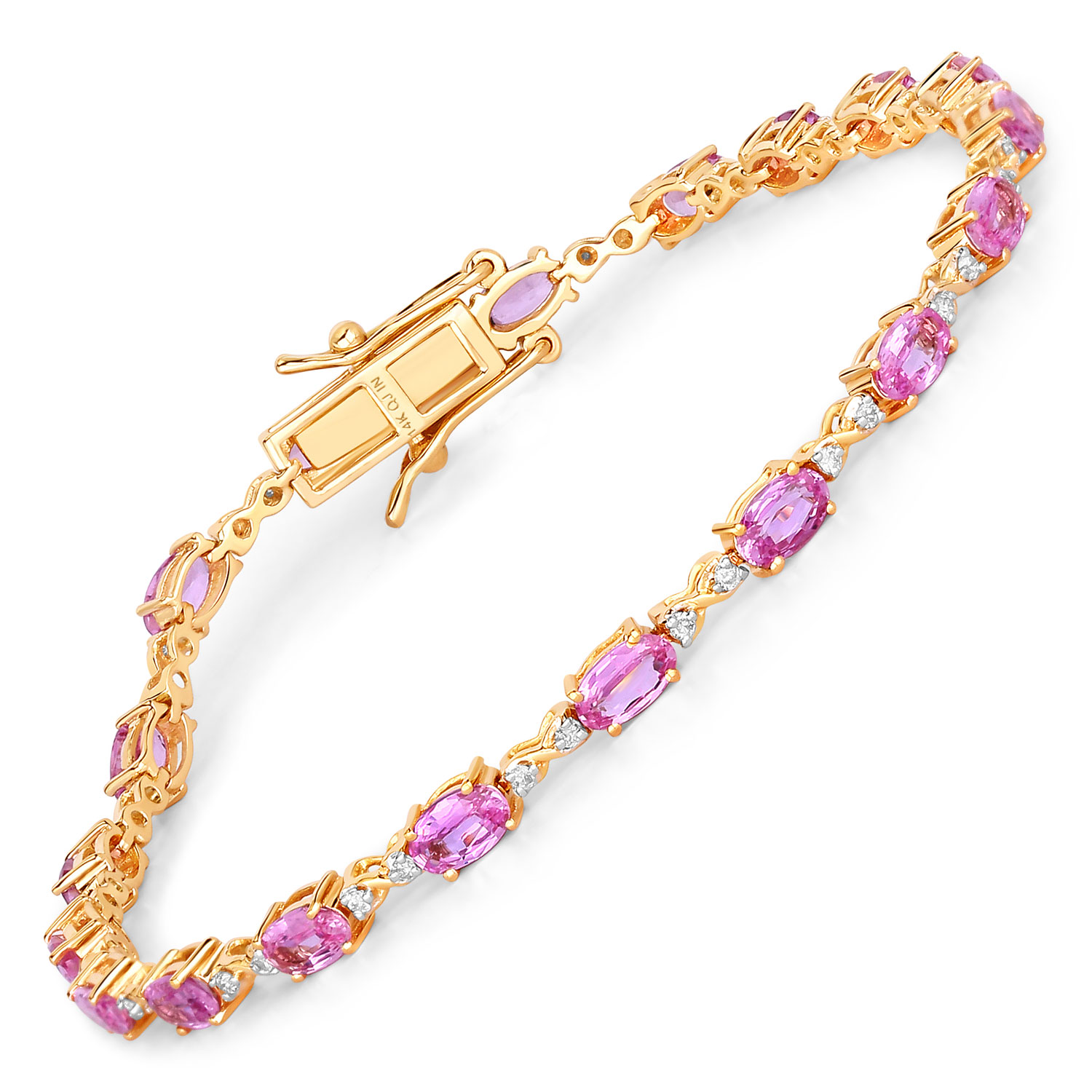 4.43 Carat Genuine Pink Sapphire and White Diamond 14K Yellow Gold Bracelet