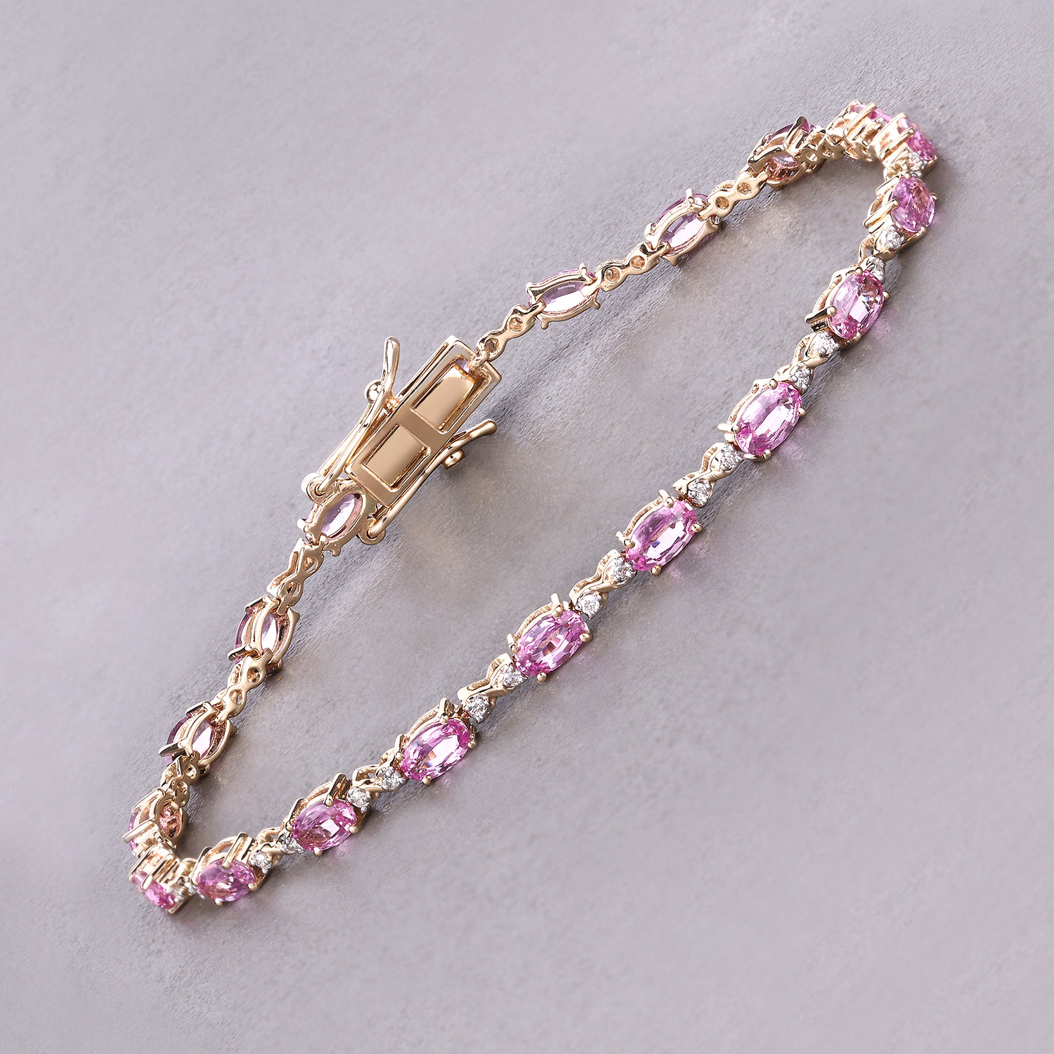 4.43 Carat Genuine Pink Sapphire and White Diamond 14K Yellow Gold Bracelet