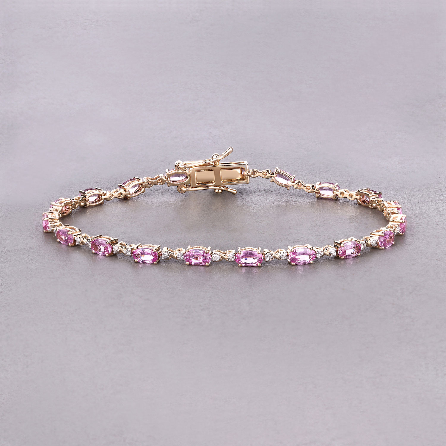 4.43 Carat Genuine Pink Sapphire and White Diamond 14K Yellow Gold Bracelet