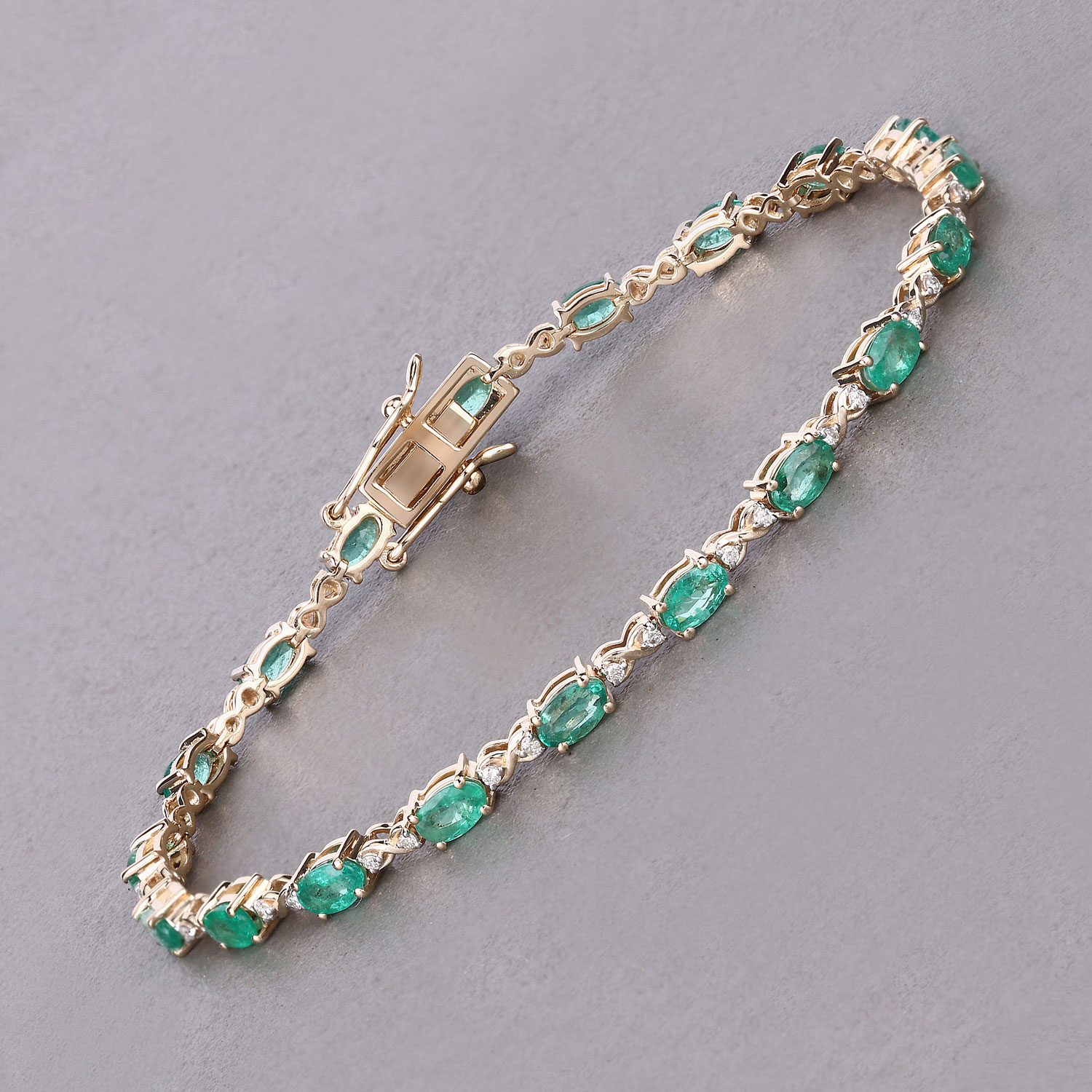 3.86 Carat Genuine Zambian Emerald and White Diamond 14K Yellow Gold Bracelet