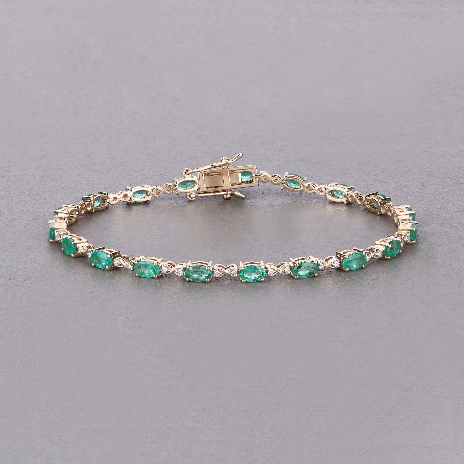 3.86 Carat Genuine Zambian Emerald and White Diamond 14K Yellow Gold Bracelet