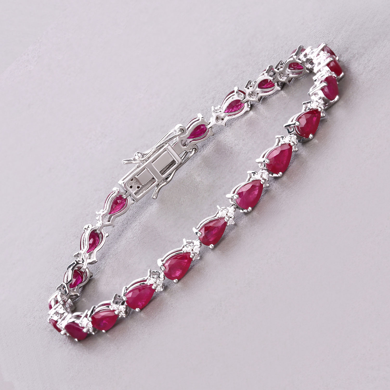 8.90 Carat Genuine Mozambique Ruby and White Diamond 14K White Gold Bracelet