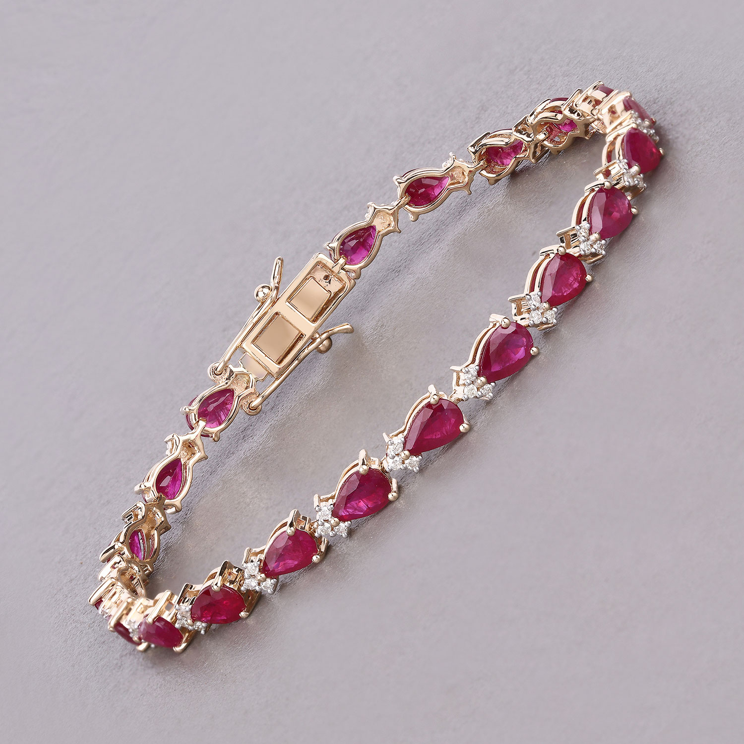 8.90 Carat Genuine Mozambique Ruby and White Diamond 14K Yellow Gold Bracelet