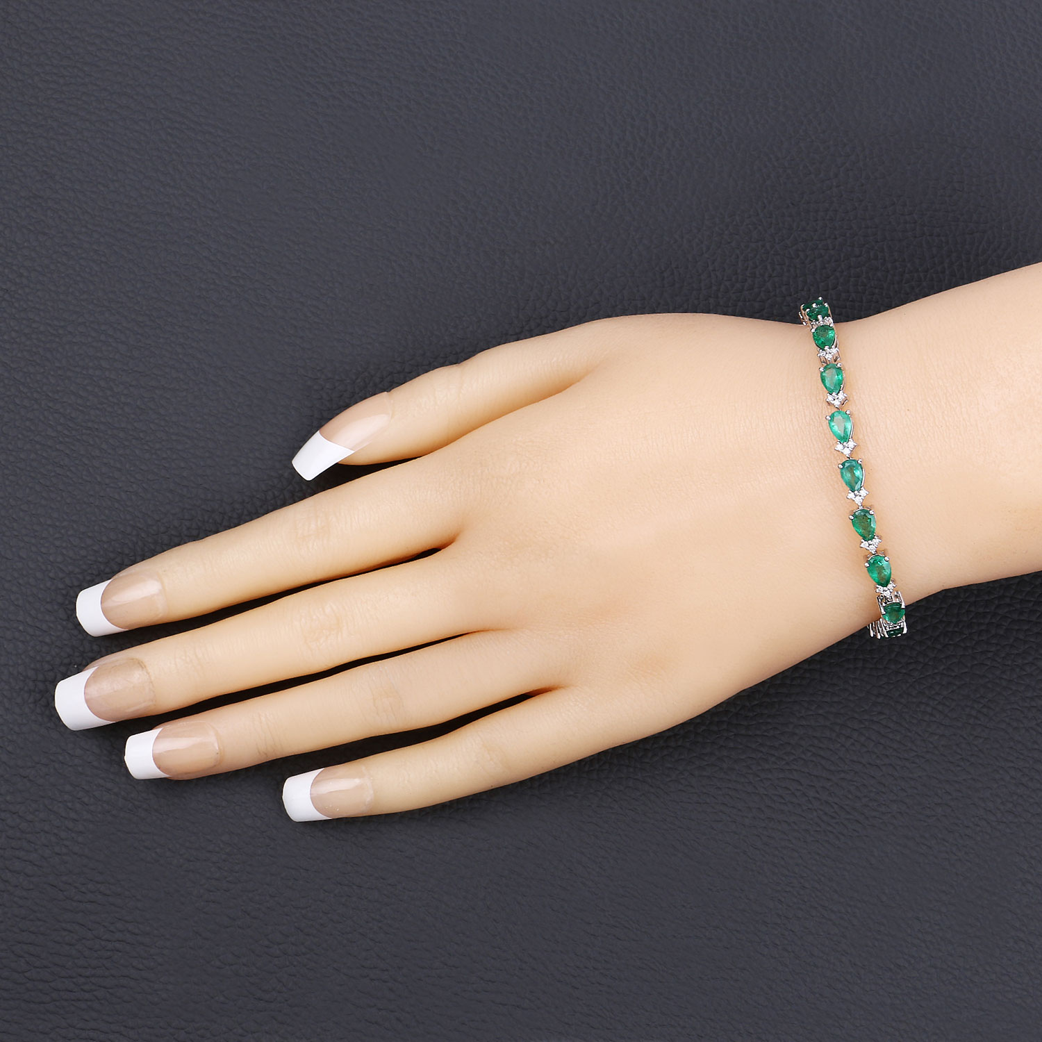 7.85 Carat Genuine Zambian Emerald and White Diamond 14K White Gold Bracelet
