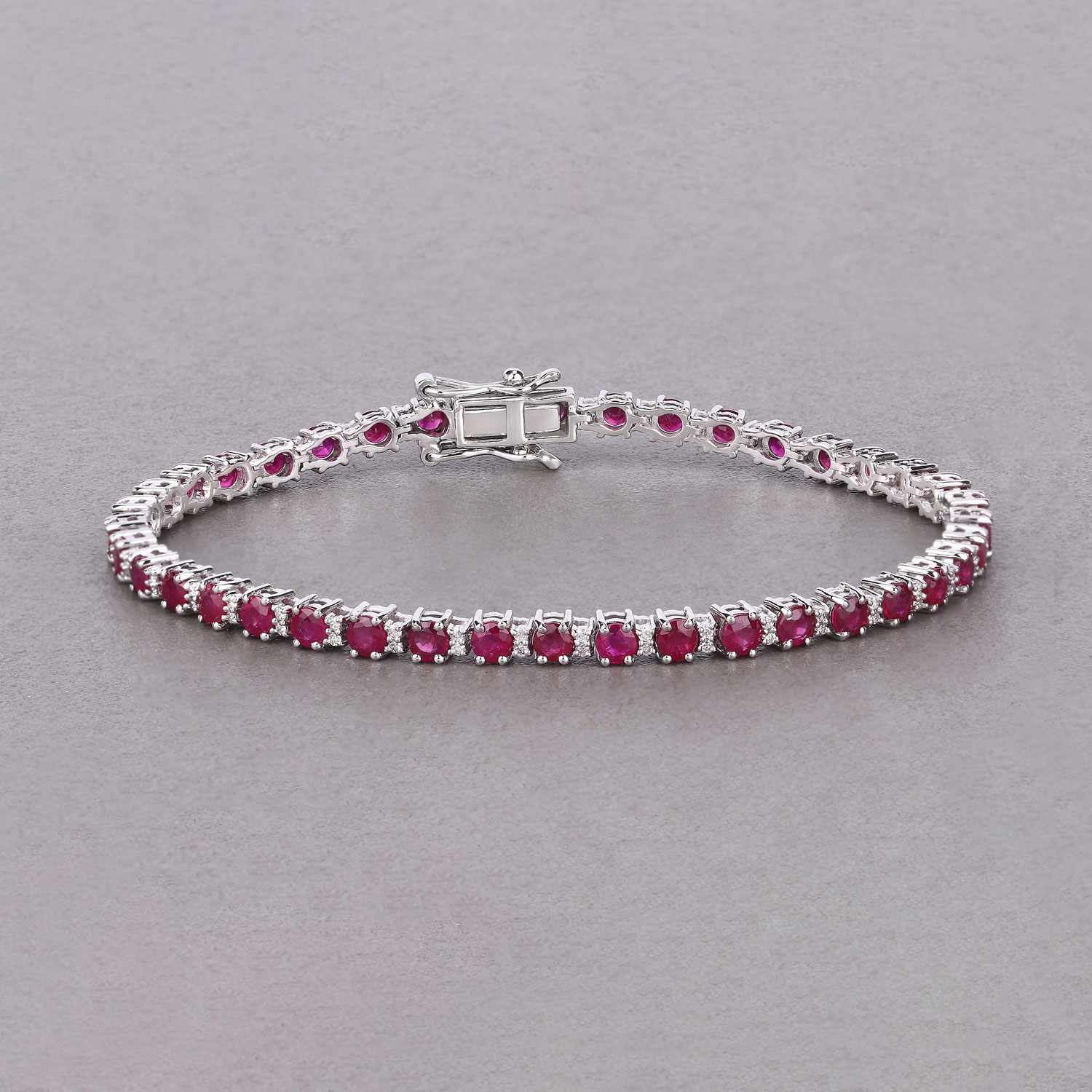 5.56 Carat Genuine Mozambique Ruby and White Diamond 14K White Gold Bracelet