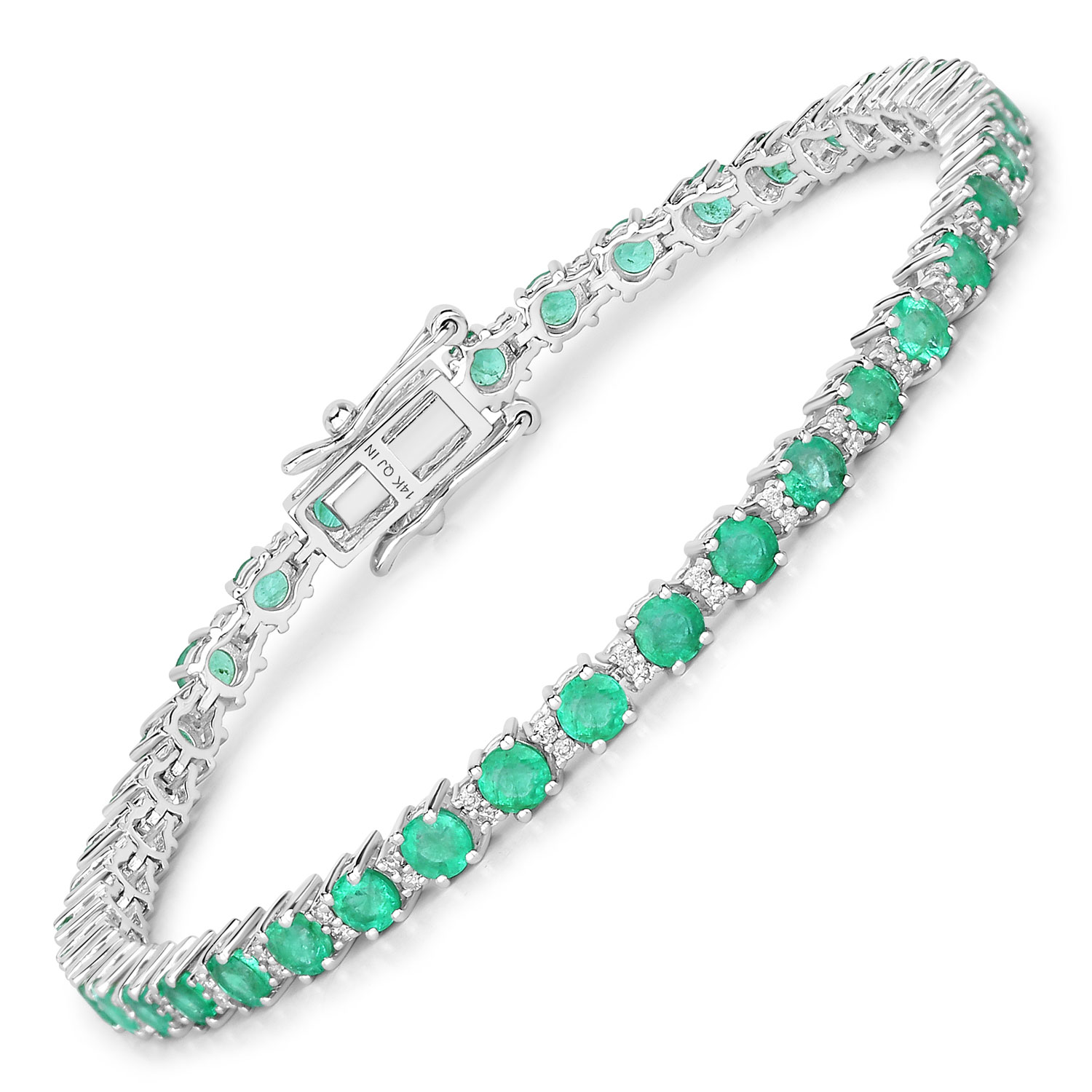 4.36 Carat Genuine Zambian Emerald and White Diamond 14K White Gold Bracelet