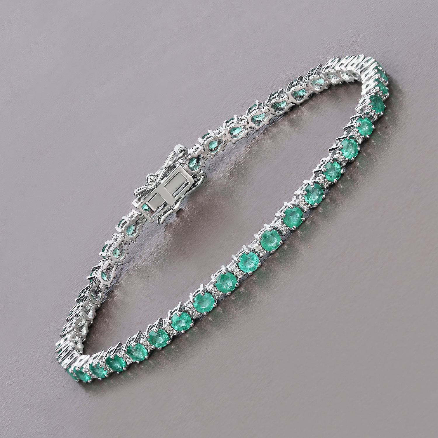 4.36 Carat Genuine Zambian Emerald and White Diamond 14K White Gold Bracelet