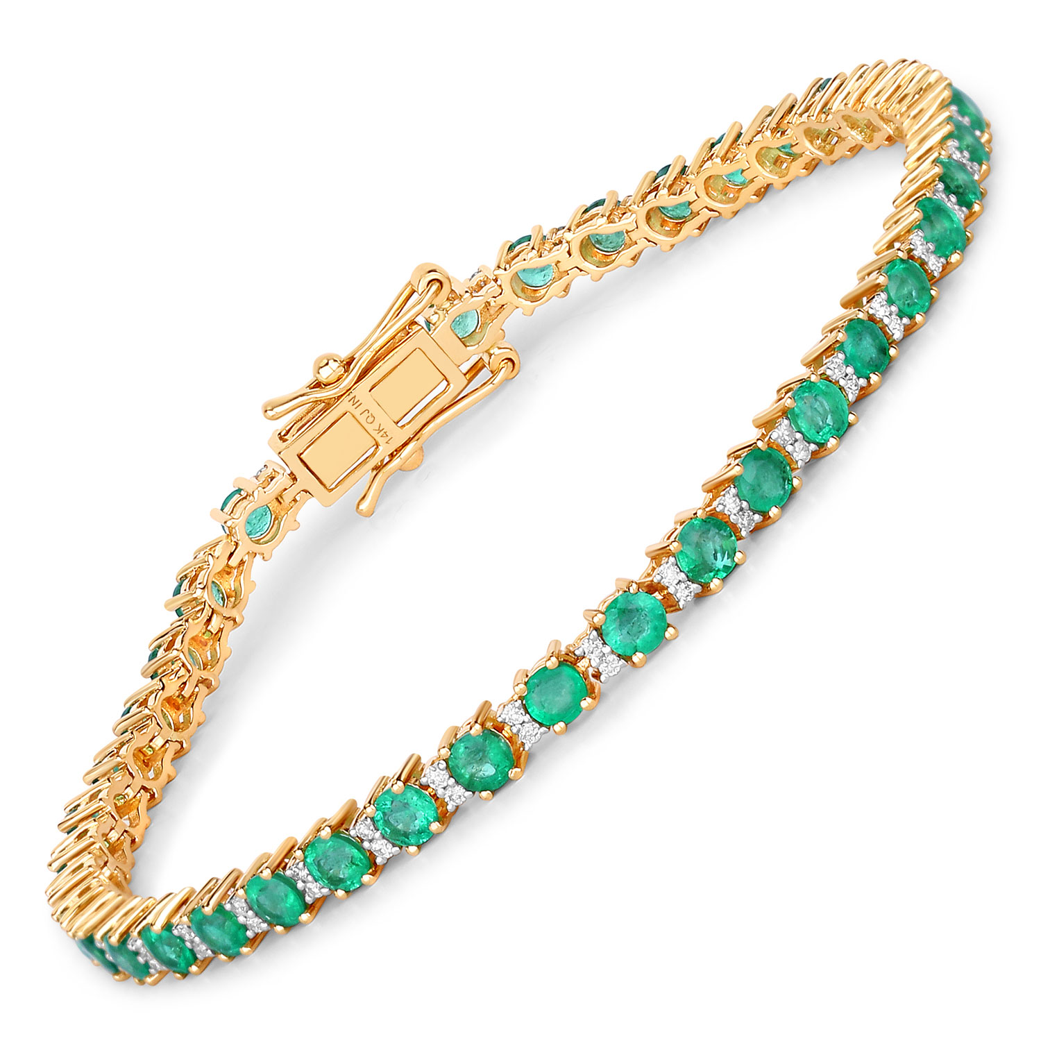 4.36 Carat Genuine Zambian Emerald and White Diamond 14K Yellow Gold Bracelet