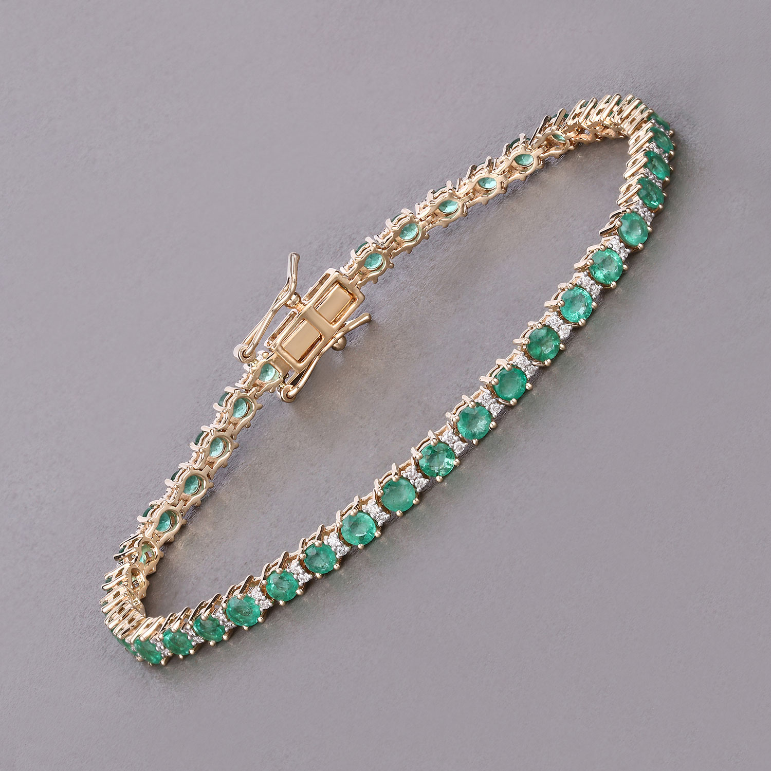 4.36 Carat Genuine Zambian Emerald and White Diamond 14K Yellow Gold Bracelet