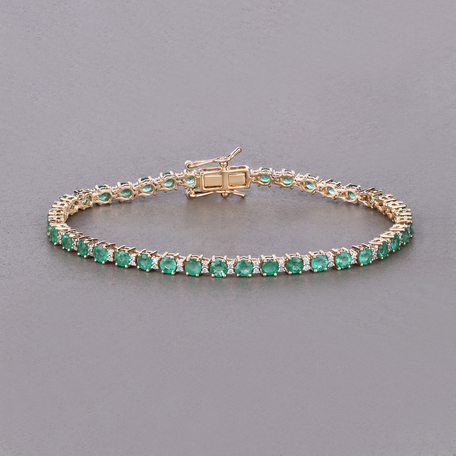 4.36 Carat Genuine Zambian Emerald and White Diamond 14K Yellow Gold Bracelet