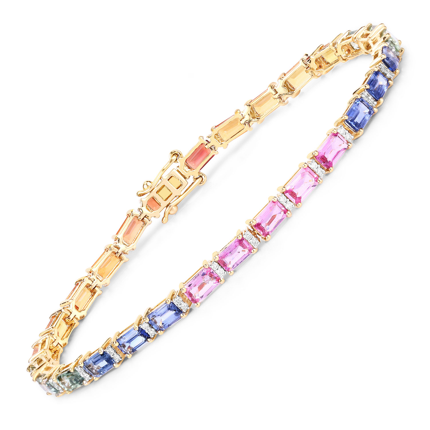 10.47 Carat Genuine Multi Sapphire and White Diamond 14K Yellow Gold Bracelet