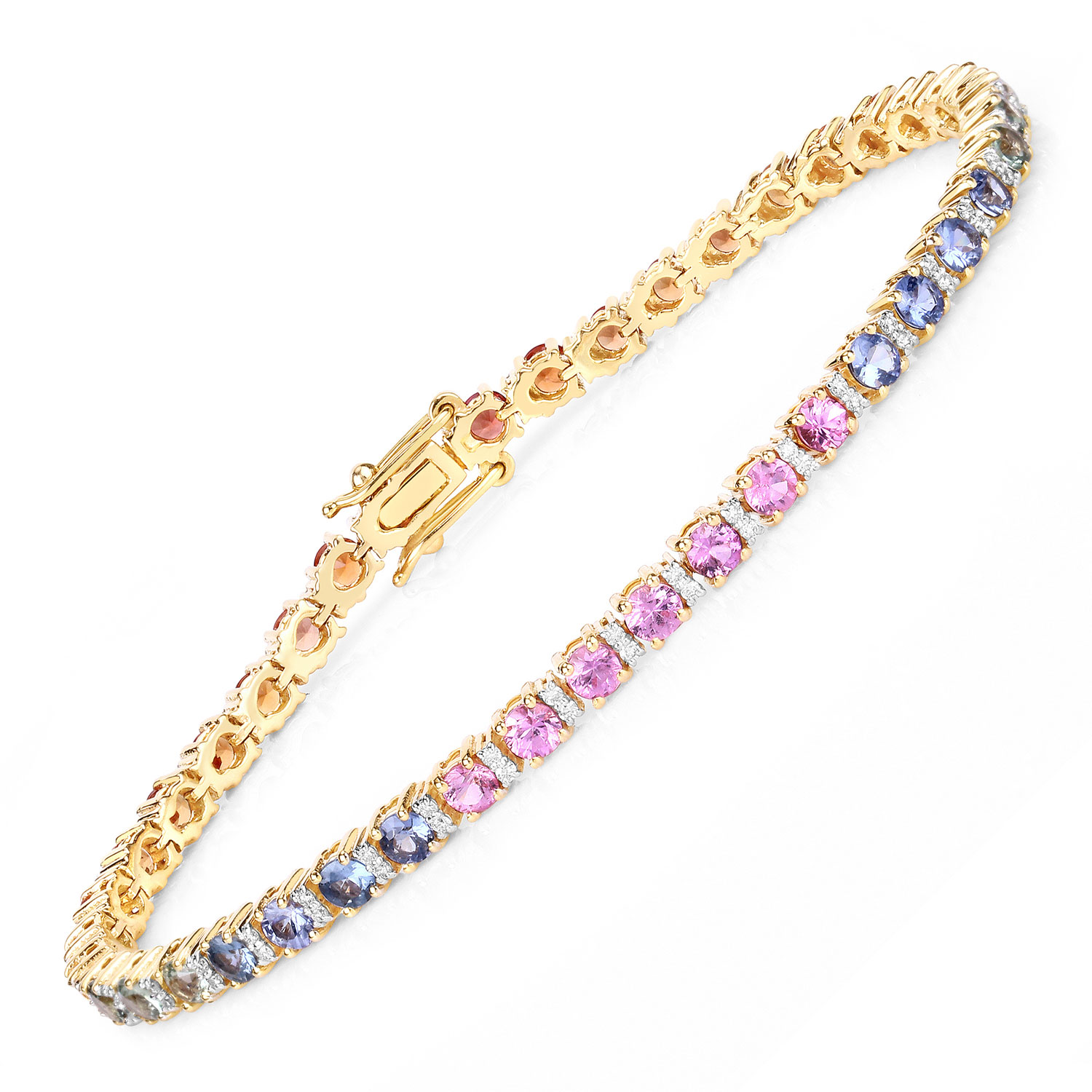 5.94 Carat Genuine Multi Sapphire and White Diamond 14K Yellow Gold Bracelet
