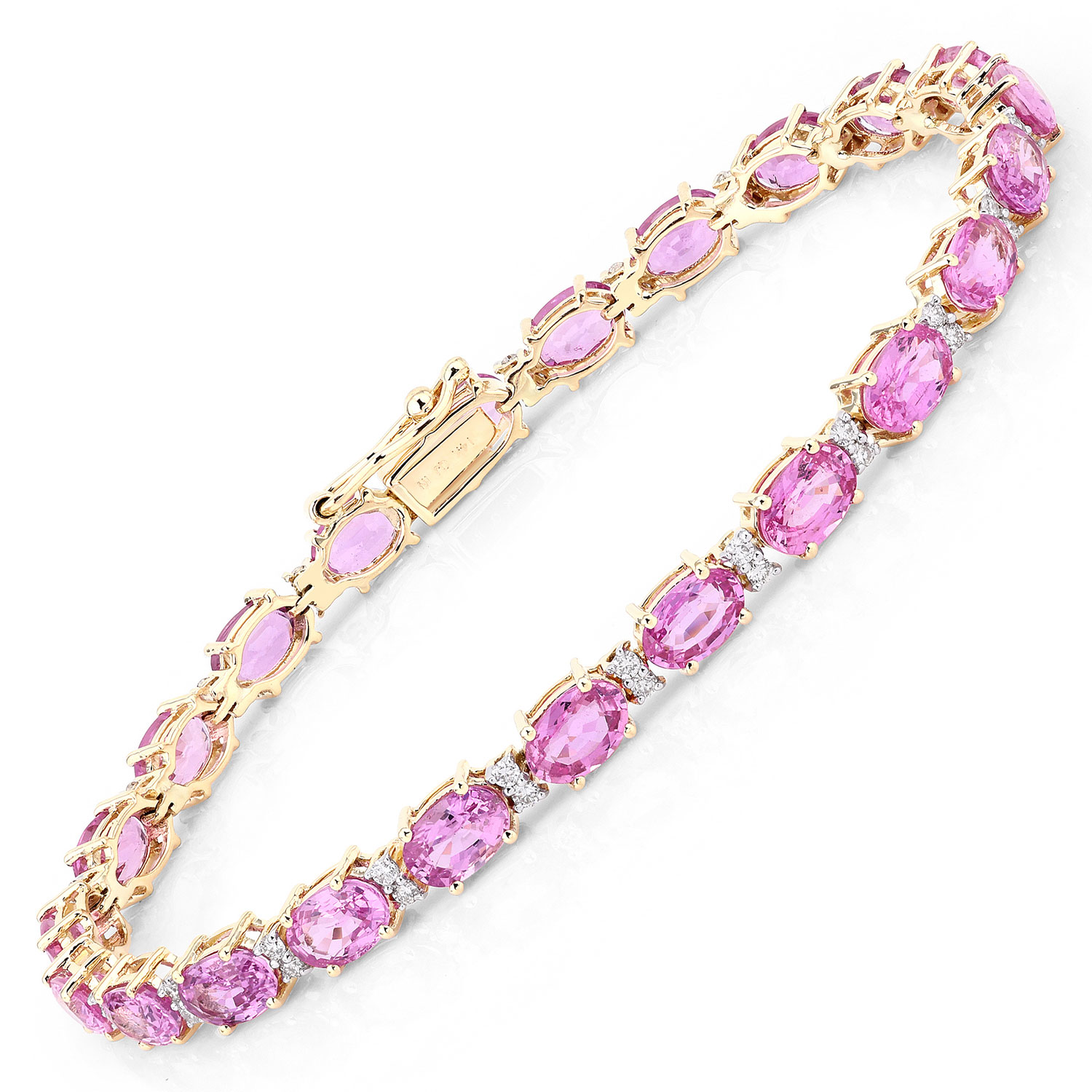 14.33 Carat Genuine Pink Sapphire and White Diamond 14K Yellow Gold Bracelet