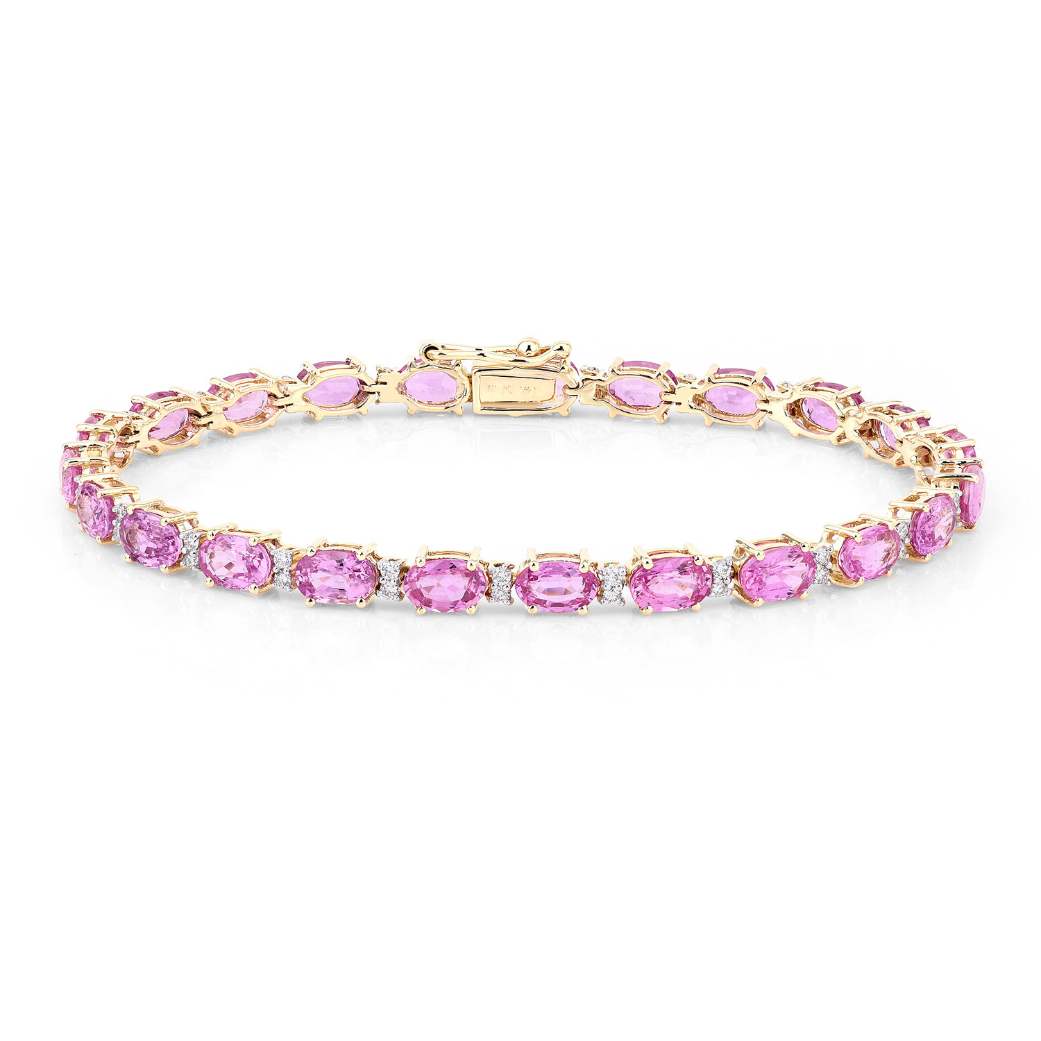 14.33 Carat Genuine Pink Sapphire and White Diamond 14K Yellow Gold Bracelet