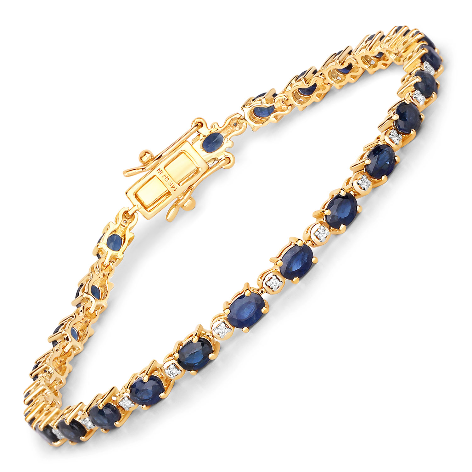 5.58 Carat Genuine Blue Sapphire and White Diamond 14K Yellow Gold Bracelet
