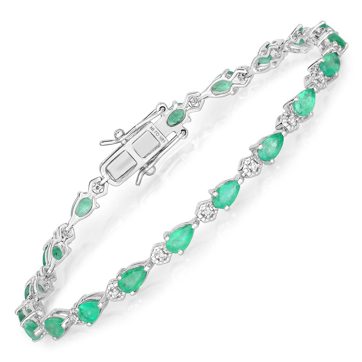 3.53 Carat Genuine Zambian Emerald and White Diamond 14K White Gold Bracelet