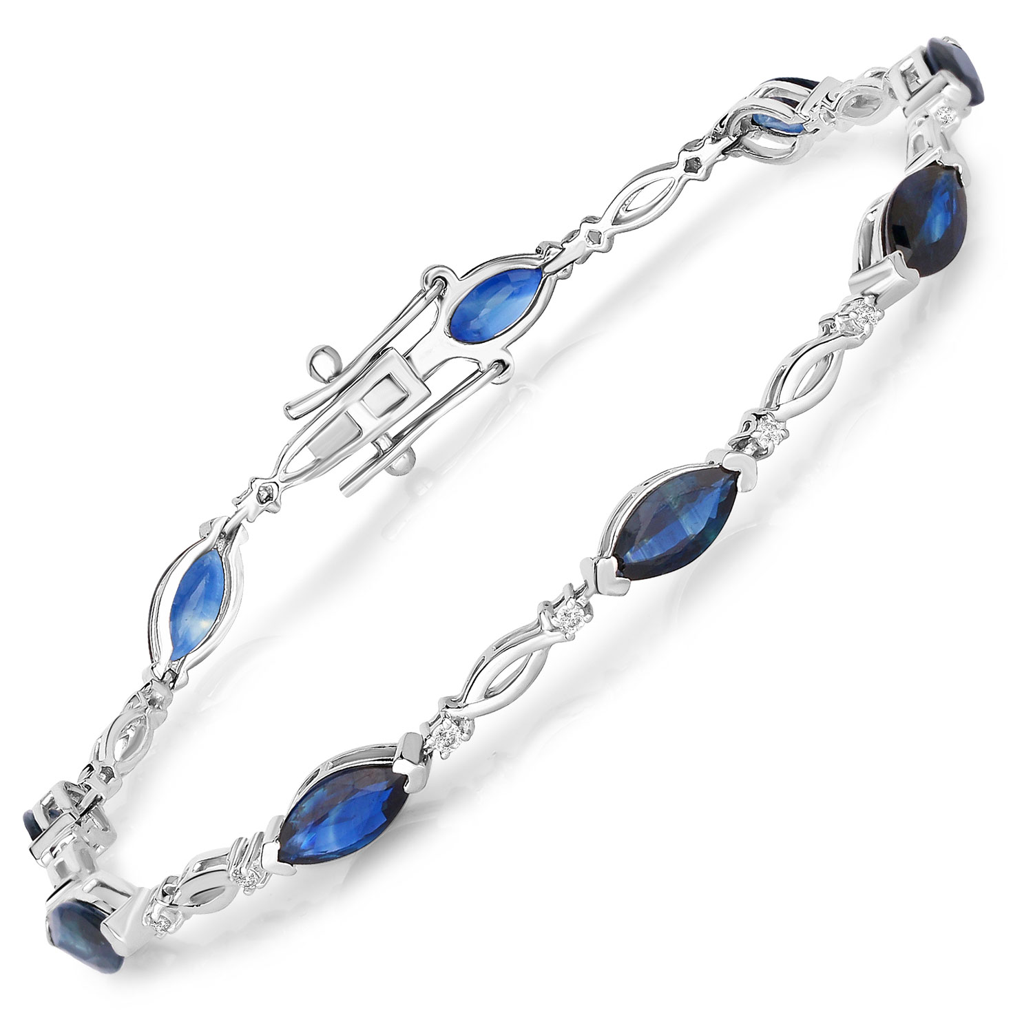 5.58 Carat Genuine Blue Sapphire and White Diamond 14K White Gold Bracelet