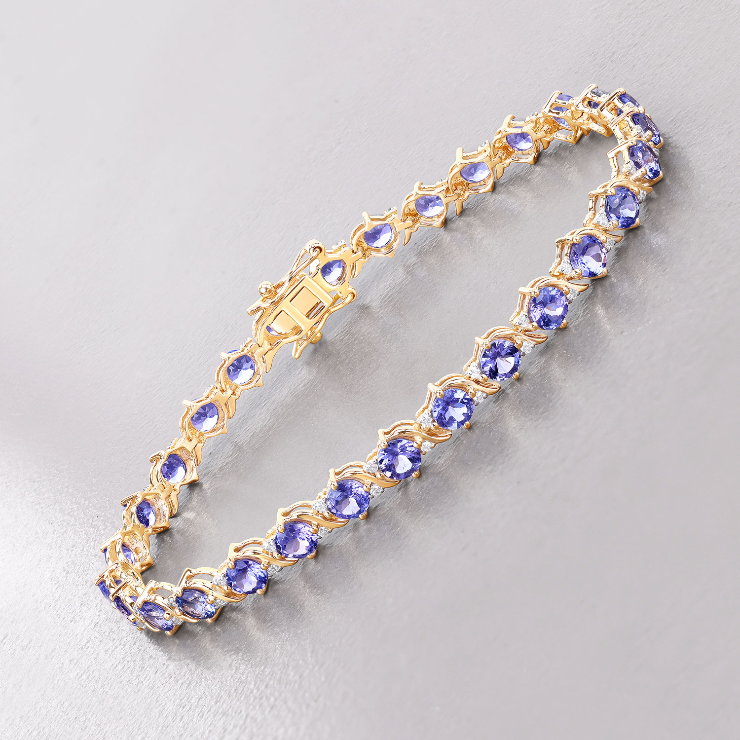 6.93 Carat Genuine Tanzanite and White Diamond 14K Yellow Gold Bracelet
