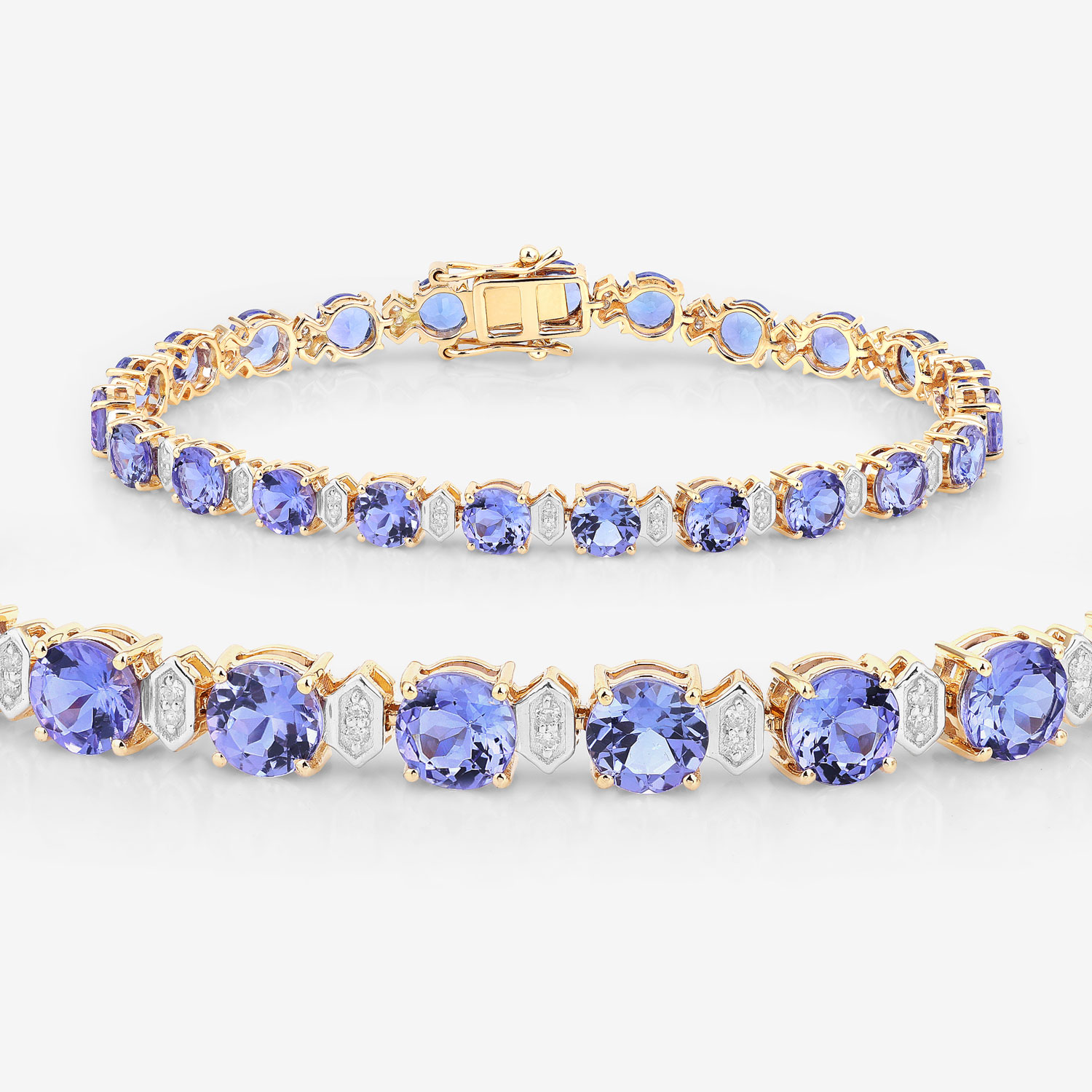 9.87 Carat Genuine Tanzanite and White Diamond 14K Yellow Gold Bracelet