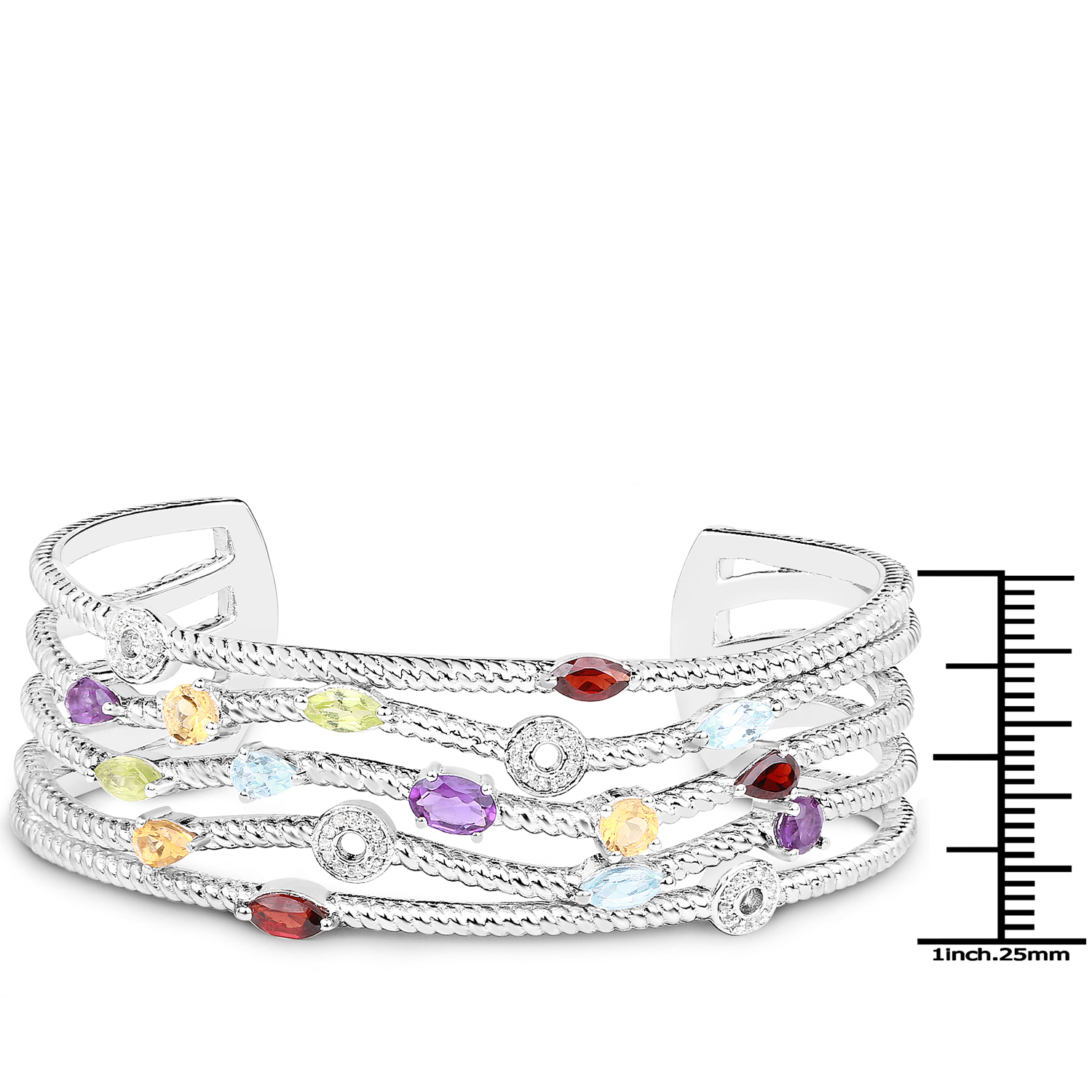 3.97 Carat Genuine Multi Stones .925 Sterling Silver Cuff Bangle
