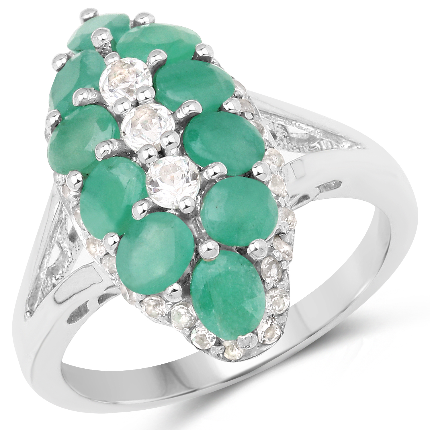 2.60 Carat Genuine Emerald and White Topaz .925 Sterling Silver Ring