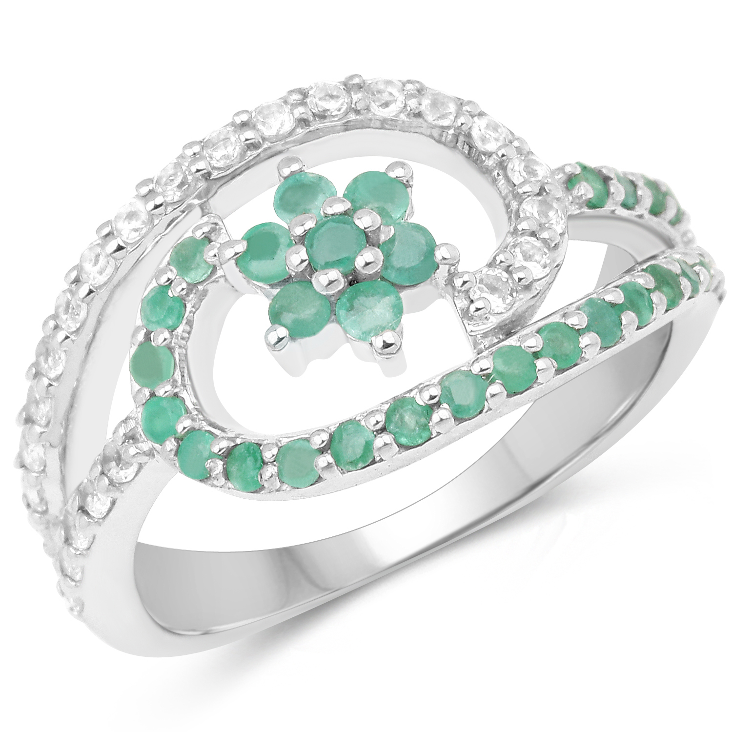 0.72 Carat Genuine Emerald and White Topaz .925 Sterling Silver Ring