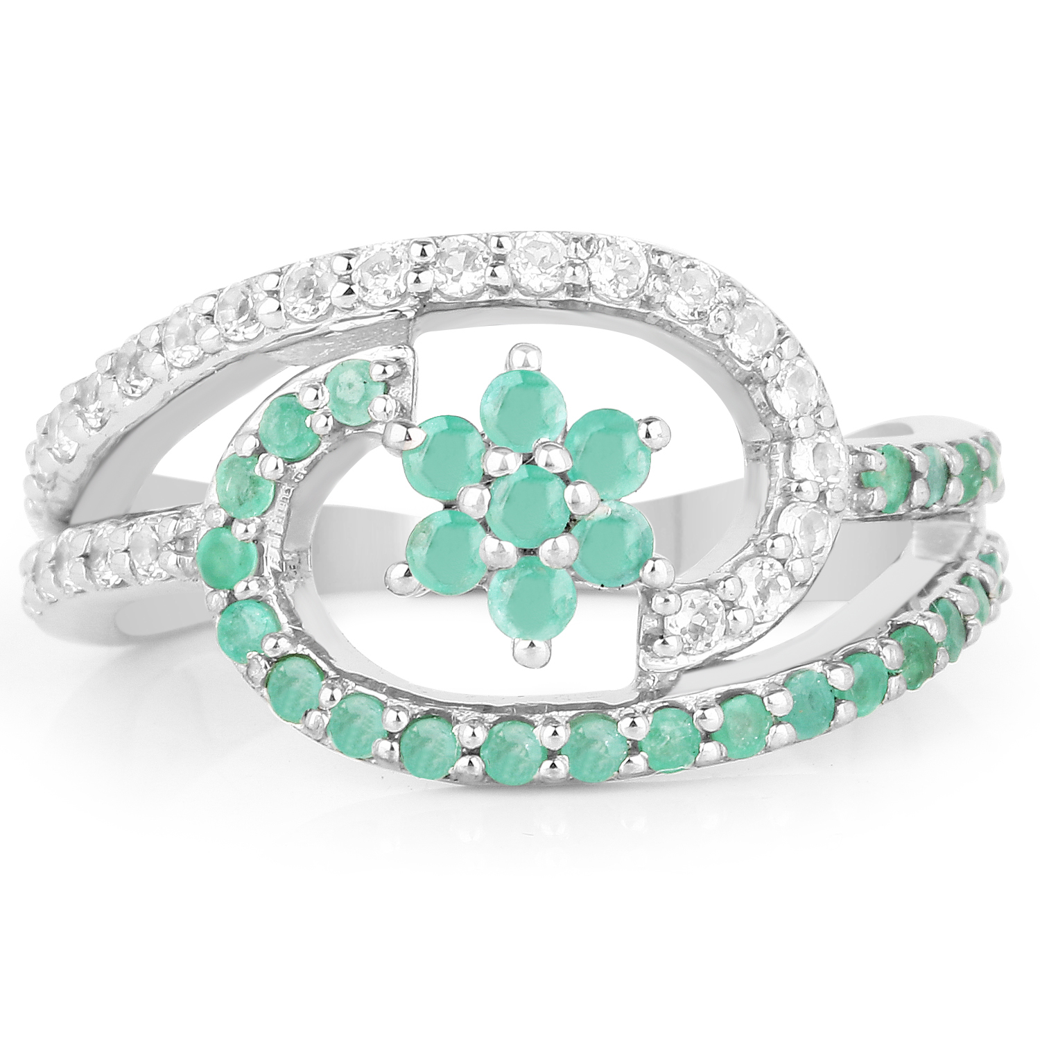 0.72 Carat Genuine Emerald and White Topaz .925 Sterling Silver Ring