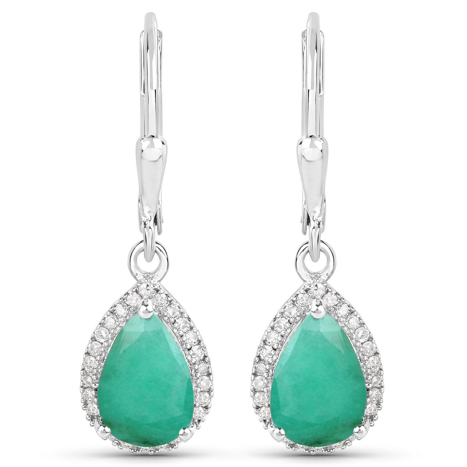 3.05 Carat Genuine Emerald and White Diamond .925 Sterling Silver Earrings