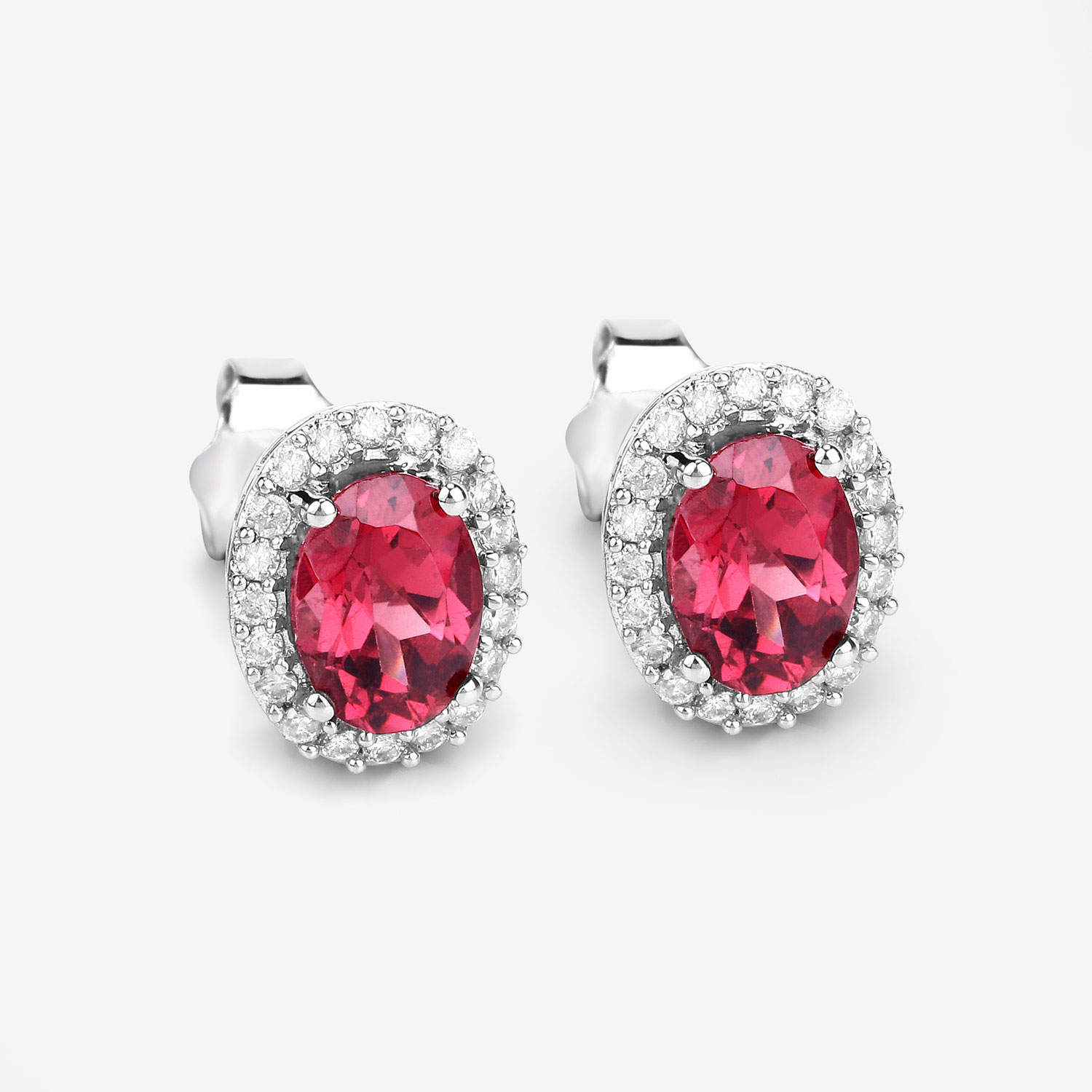 1.64 Carat Genuine Pink Tourmaline and White Diamond 14K White Gold Earrings