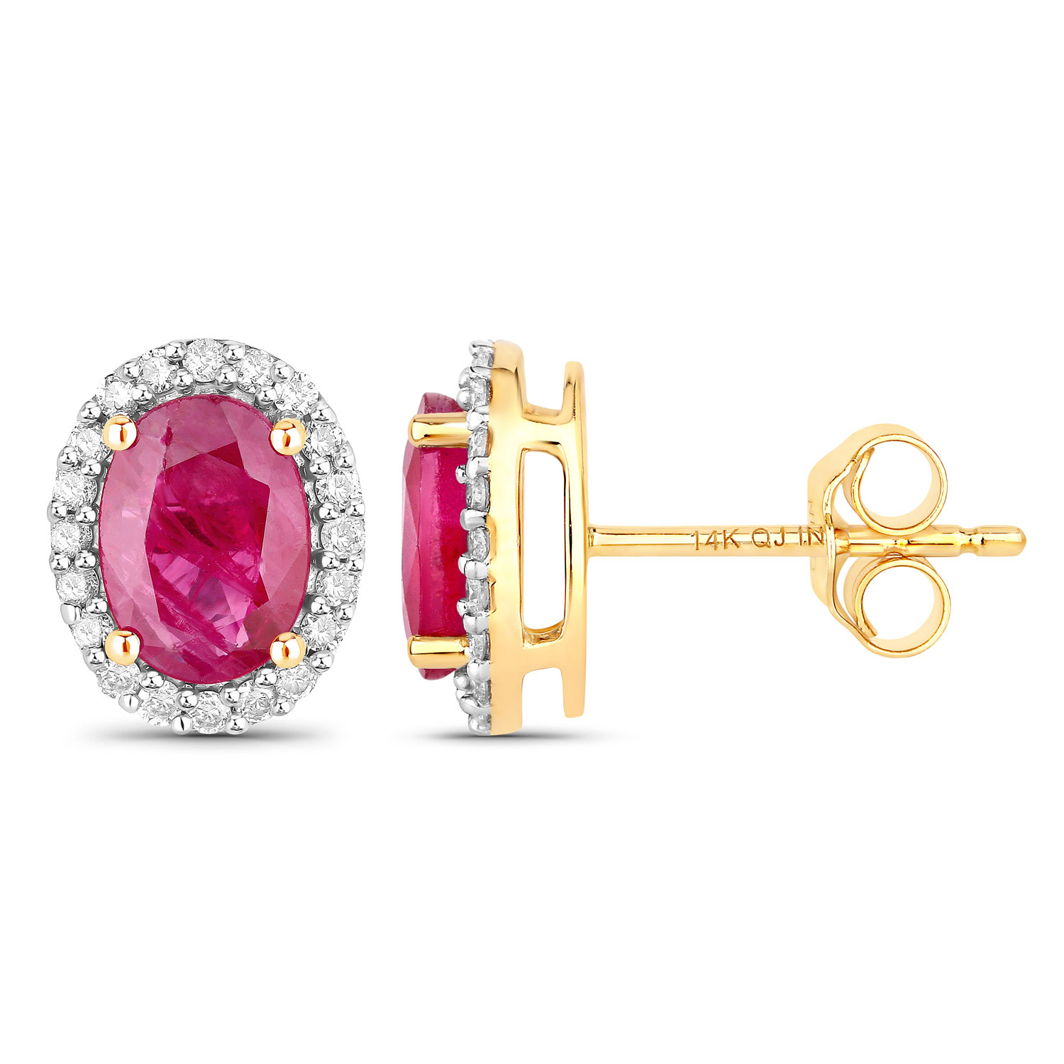 1.96 Carat Genuine Ruby and White Diamond 14K Yellow Gold Earrings
