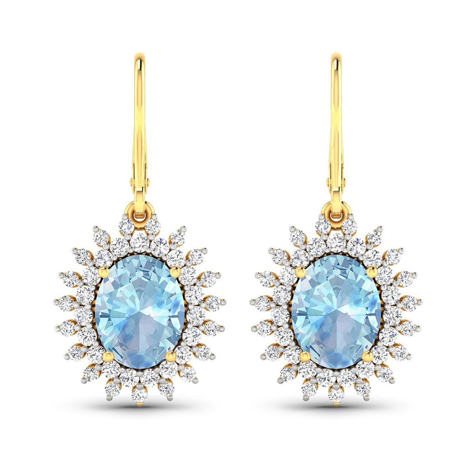 3.40 Carat Genuine Aquamarine and White Diamond 14K Yellow Gold Earrings