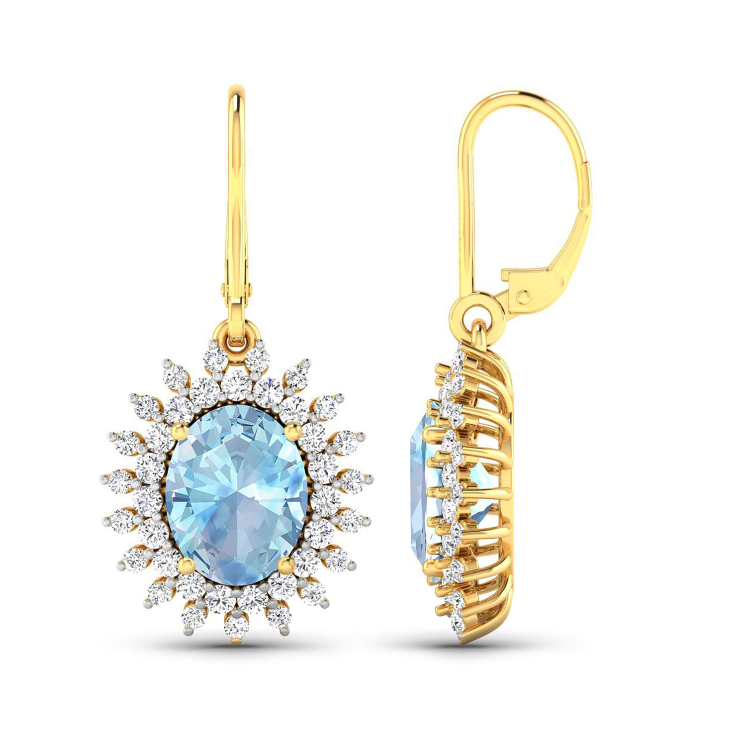 3.40 Carat Genuine Aquamarine and White Diamond 14K Yellow Gold Earrings