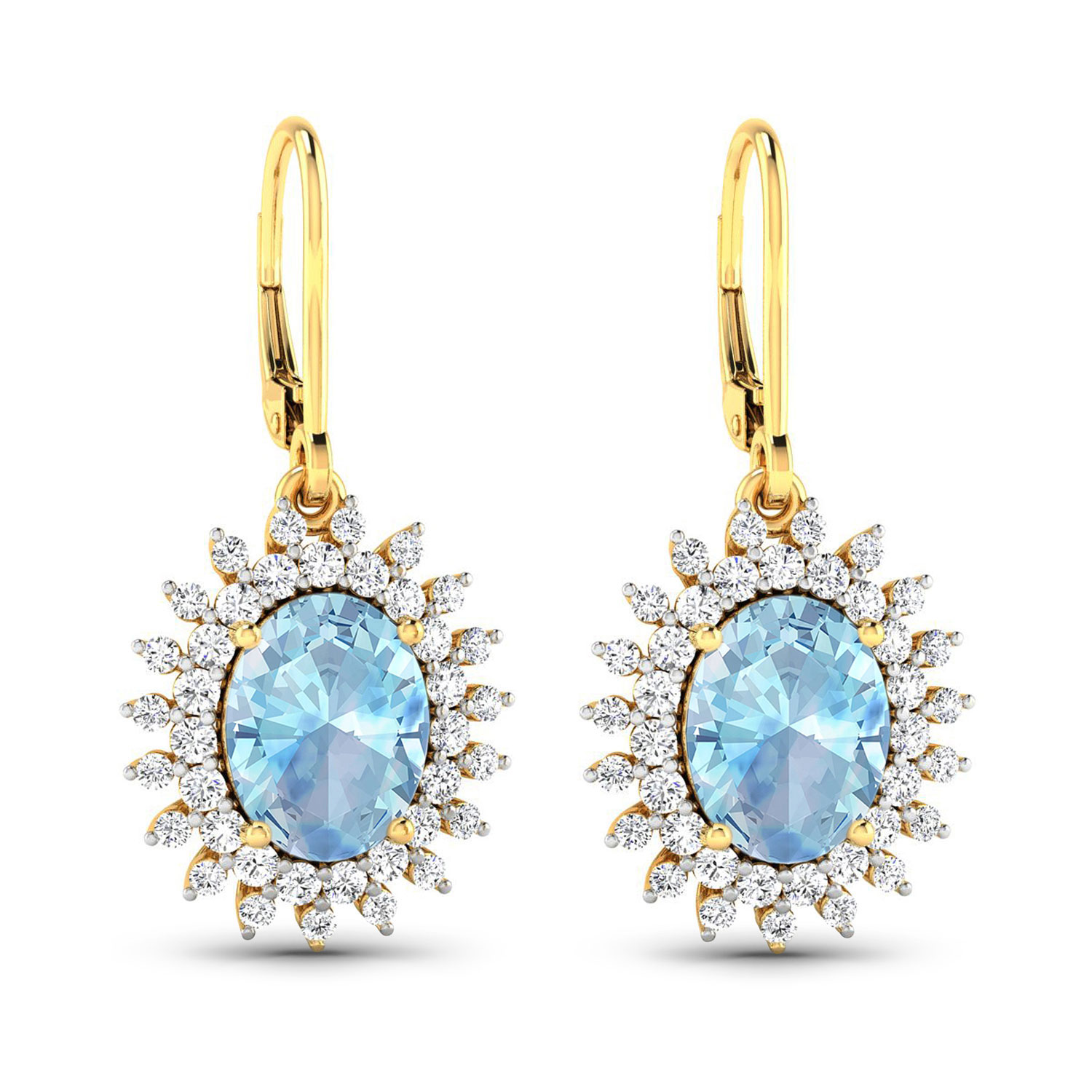 3.40 Carat Genuine Aquamarine and White Diamond 14K Yellow Gold Earrings